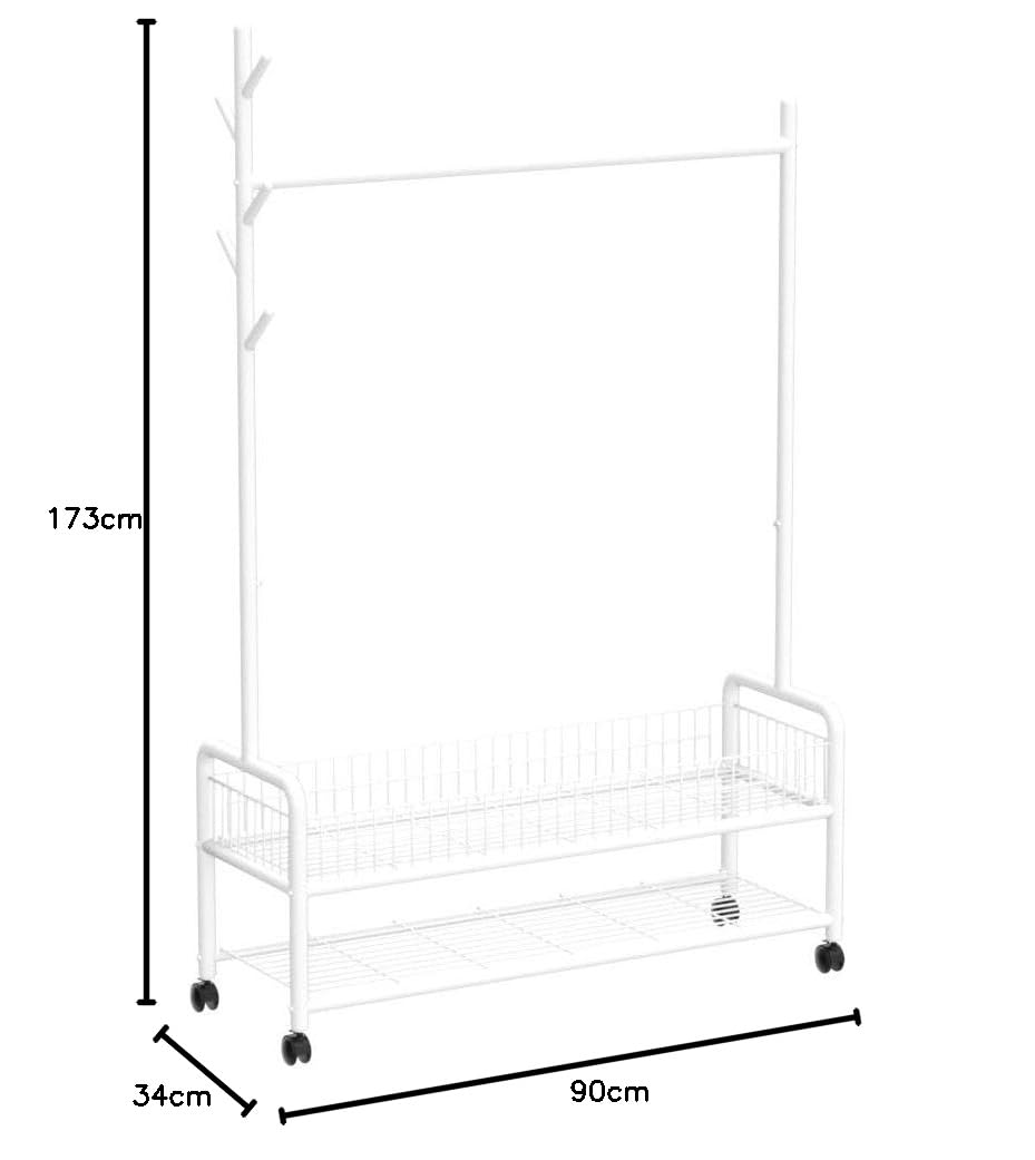 Lukzer MGR-002 2-Bottom Cloth Stand & Garment Rack – Metal Clothes Organizer with Wheels | Space-Saving Storage for Bedroom, Bathroom & Office | Single Rod & Mesh Design (173 x 90 x 34 cm, White)