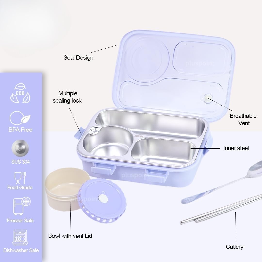 PLUSPOINT Bento Lunch Box Insulated Air Tight Portable Lunch Box with Utensils, Stainless Steel Lunch Box with Containers, Leak Proof Bento Box for Kids, Adults, Men Women (Pink)