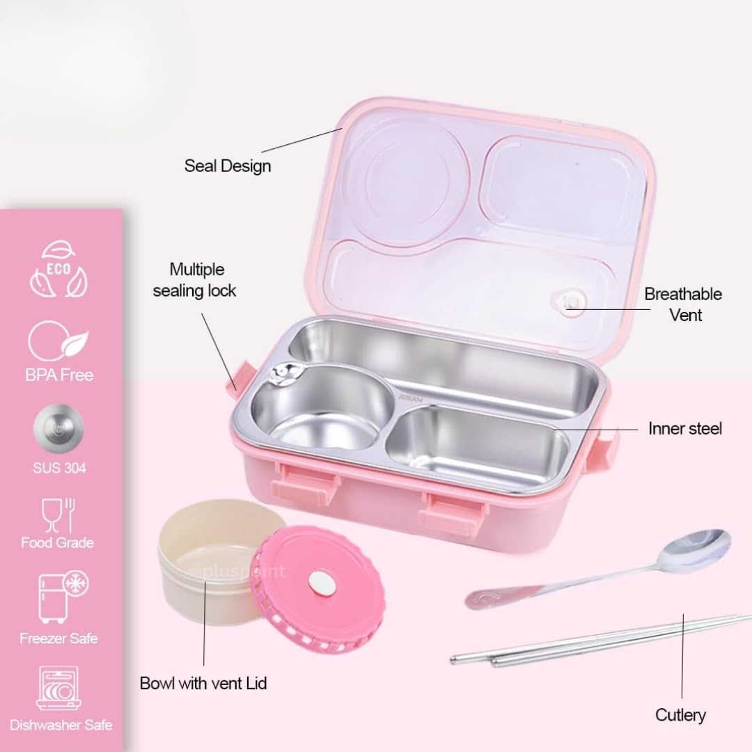 PLUSPOINT Bento Lunch Box Insulated Air Tight Portable Lunch Box with Utensils, Stainless Steel Lunch Box with Containers, Leak Proof Bento Box for Kids, Adults, Men Women (Pink)