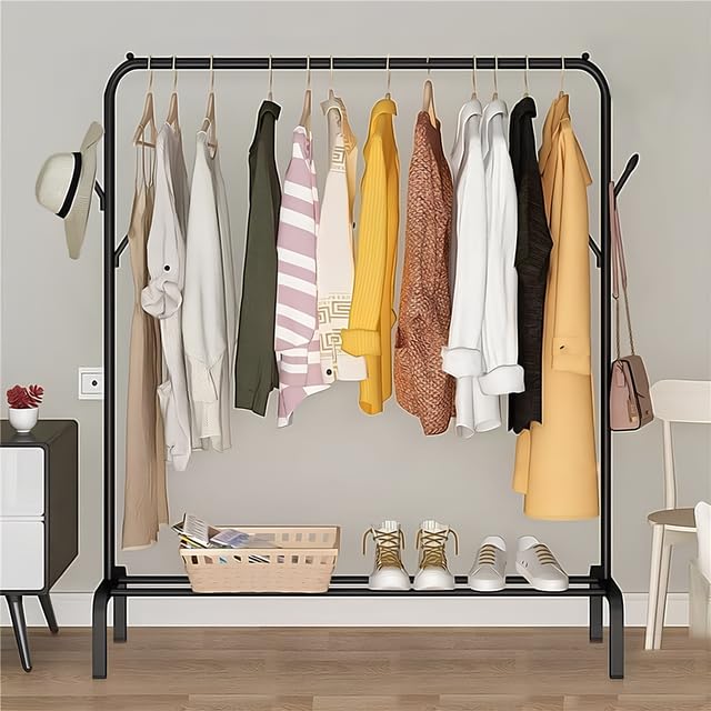 Lukzer Single Pole Coat Hanger Stand with Bottom Shelves–Heavy-Duty Metal Garment Rack, 4 Hooks for Clothes,Bags,Shoe–Freestanding Organizer for Bedroom, Entryway & more(White, 40x110x148cm/MGS-001)