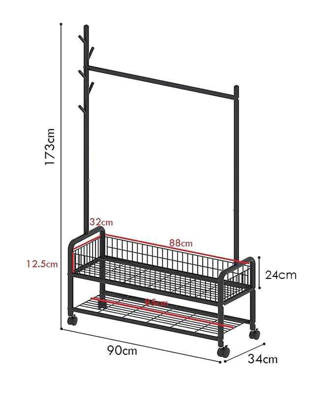 Lukzer MGR-002 2-Bottom Cloth Stand & Garment Rack – Metal Clothes Organizer with Wheels | Space-Saving Storage for Bedroom, Bathroom & Office | Single Rod & Mesh Design (173 x 90 x 34 cm, White)