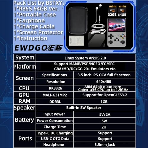 EWDGOES R36S Handheld Game Console 3.5 inch Preinstalled Emulator System Gray 32GB+64GB