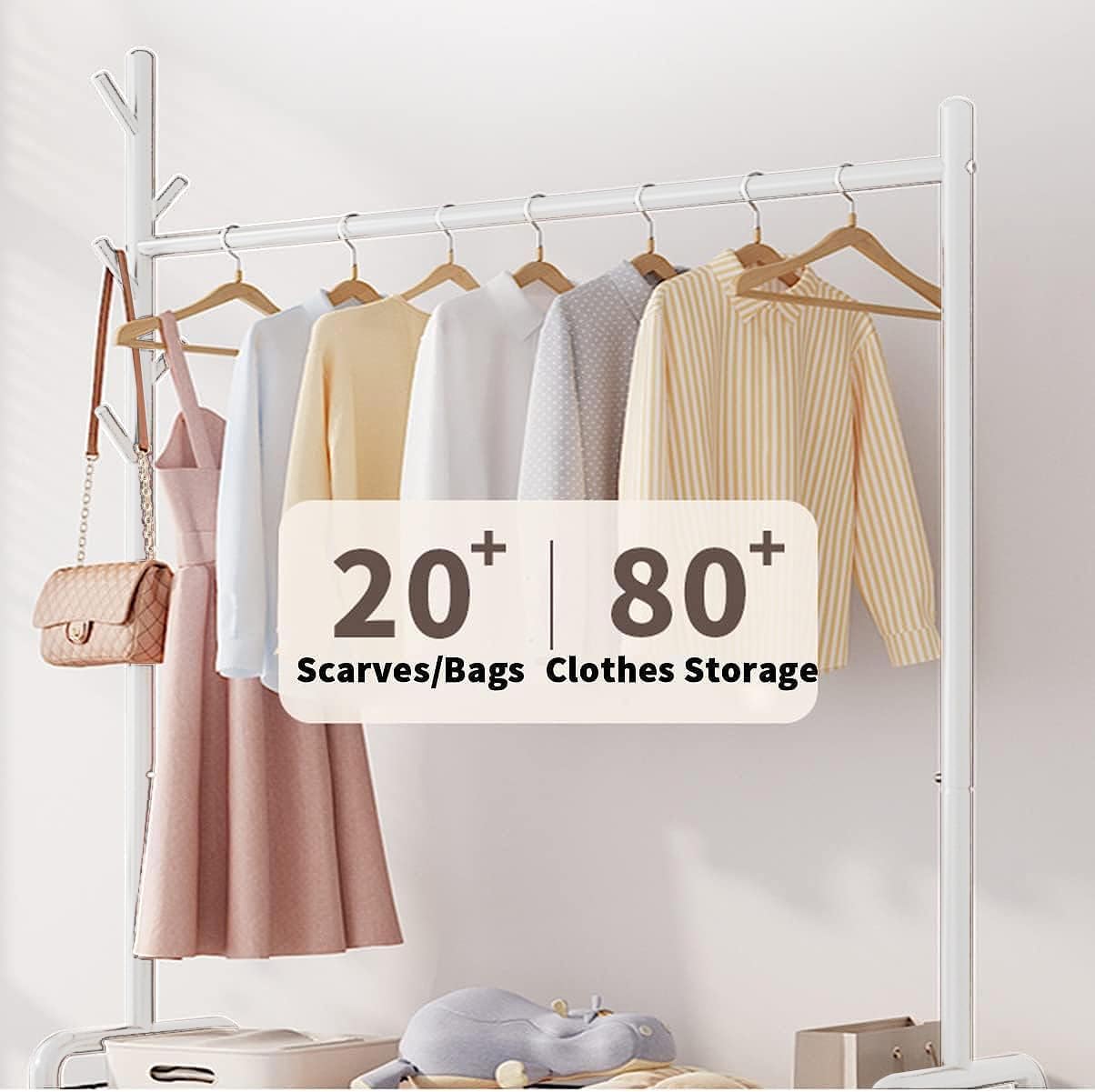 Lukzer MGR-002 2-Bottom Cloth Stand & Garment Rack – Metal Clothes Organizer with Wheels | Space-Saving Storage for Bedroom, Bathroom & Office | Single Rod & Mesh Design (173 x 90 x 34 cm, White)