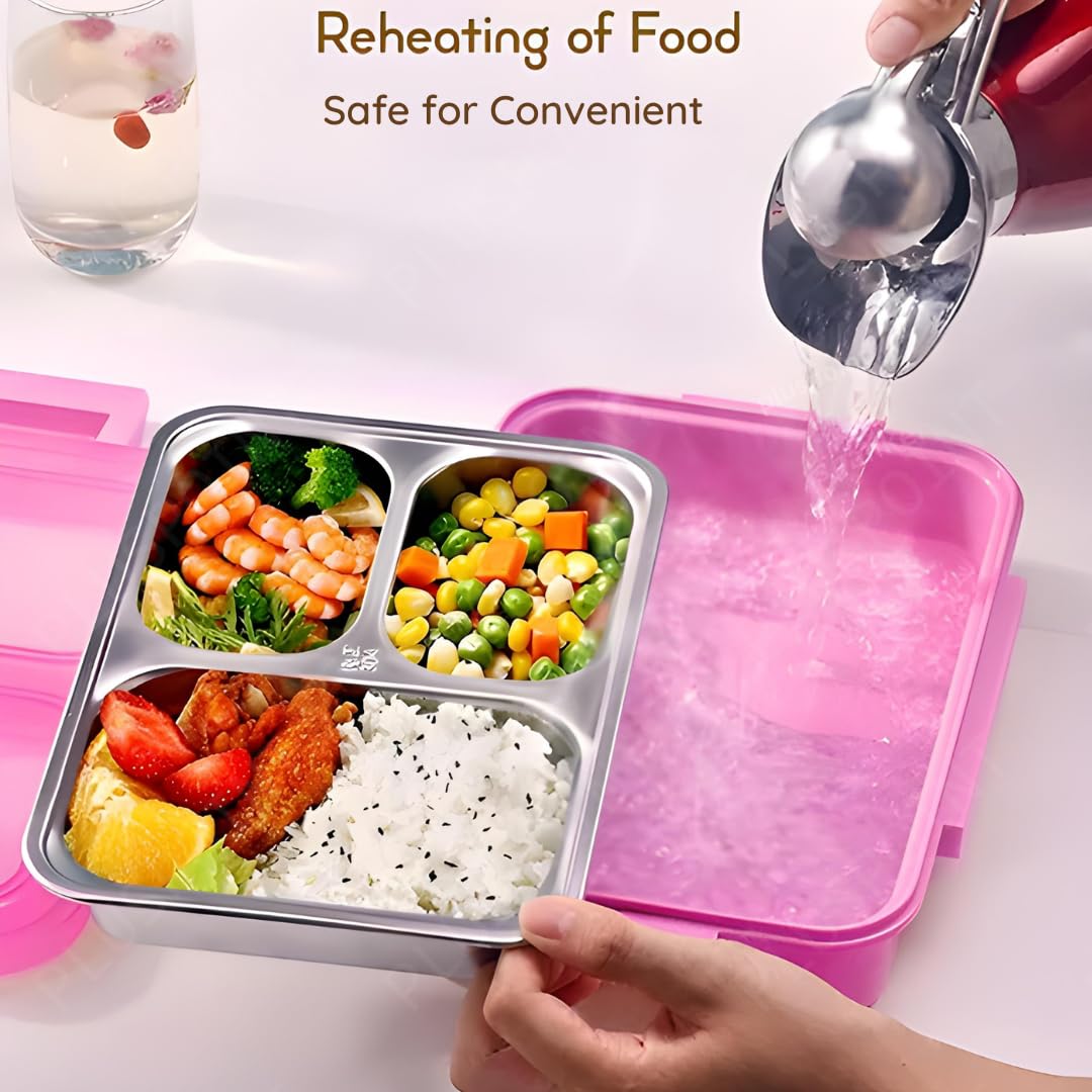 PLUSPOINT Bento Lunch Box Insulated Air Tight Portable Lunch Box with Utensils, Stainless Steel Lunch Box with Containers, Leak Proof Bento Box for Kids, Adults, Men Women (Pink)