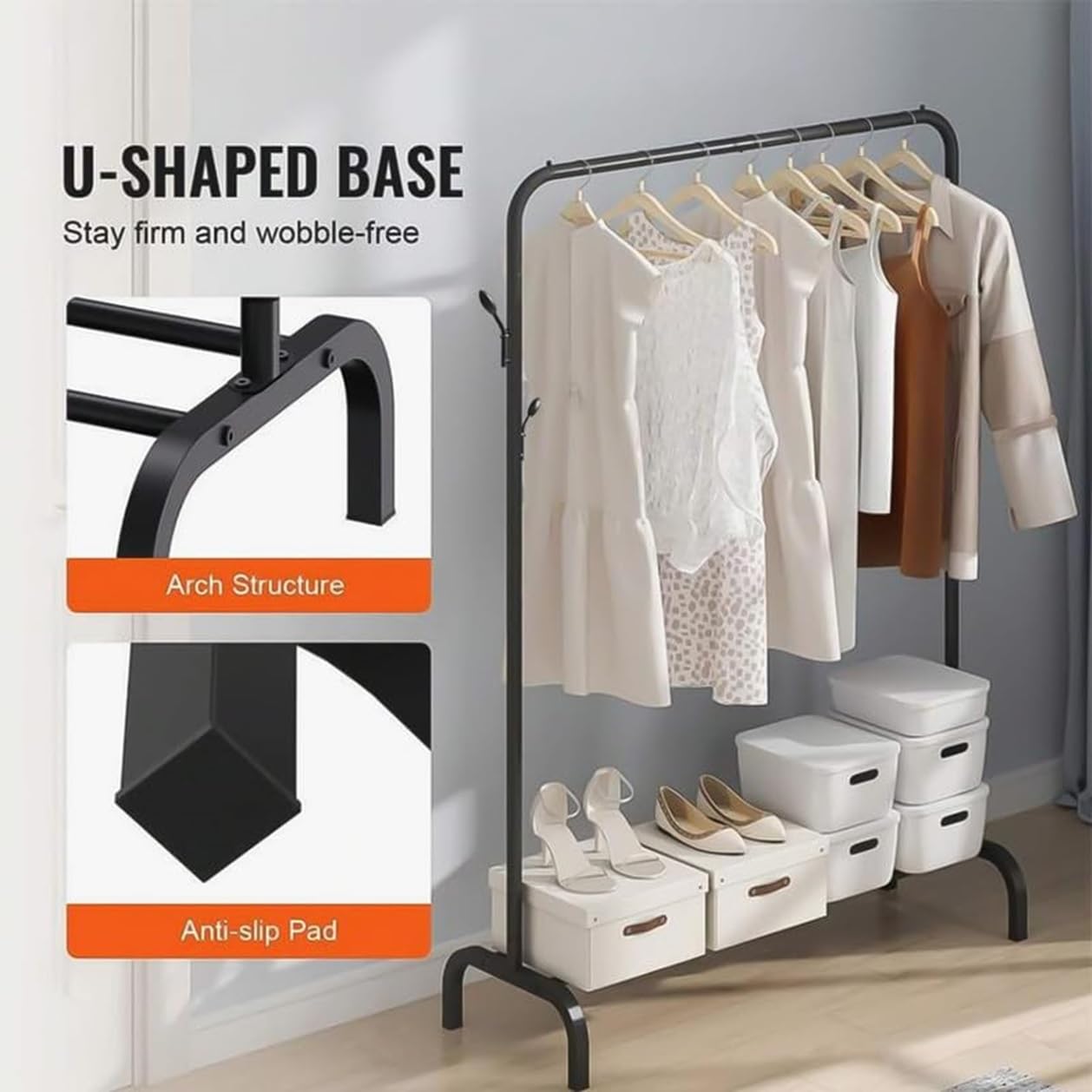 Lukzer Single Pole Coat Hanger Stand with Bottom Shelves–Heavy-Duty Metal Garment Rack, 4 Hooks for Clothes,Bags,Shoe–Freestanding Organizer for Bedroom, Entryway & more(White, 40x110x148cm/MGS-001)