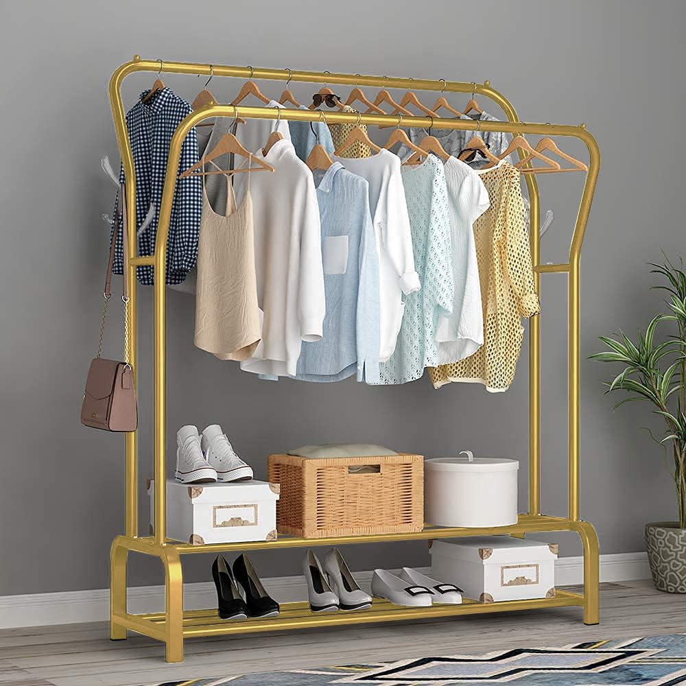 Lukzer Single Pole Coat Hanger Stand with Bottom Shelves–Heavy-Duty Metal Garment Rack, 4 Hooks for Clothes,Bags,Shoe–Freestanding Organizer for Bedroom, Entryway & more(White, 40x110x148cm/MGS-001)