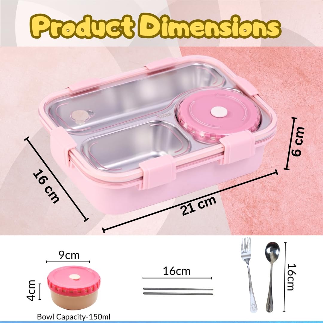 PLUSPOINT Bento Lunch Box Insulated Air Tight Portable Lunch Box with Utensils, Stainless Steel Lunch Box with Containers, Leak Proof Bento Box for Kids, Adults, Men Women (Pink)