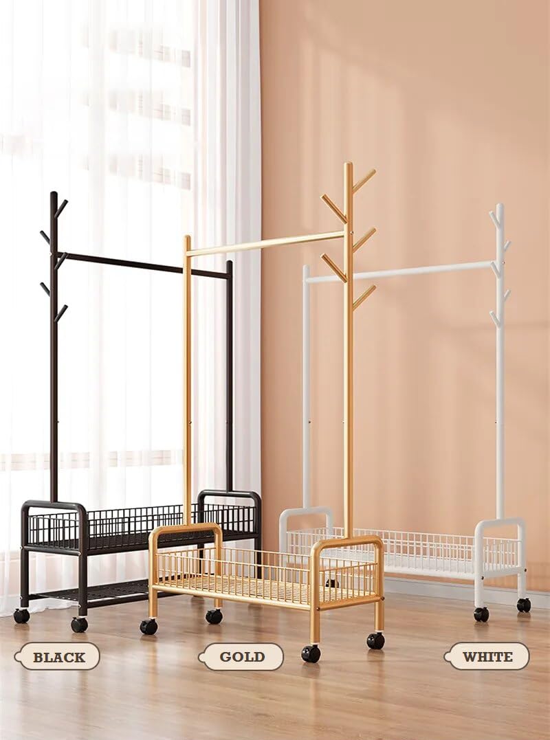 Lukzer MGR-002 2-Bottom Cloth Stand & Garment Rack – Metal Clothes Organizer with Wheels | Space-Saving Storage for Bedroom, Bathroom & Office | Single Rod & Mesh Design (173 x 90 x 34 cm, White)