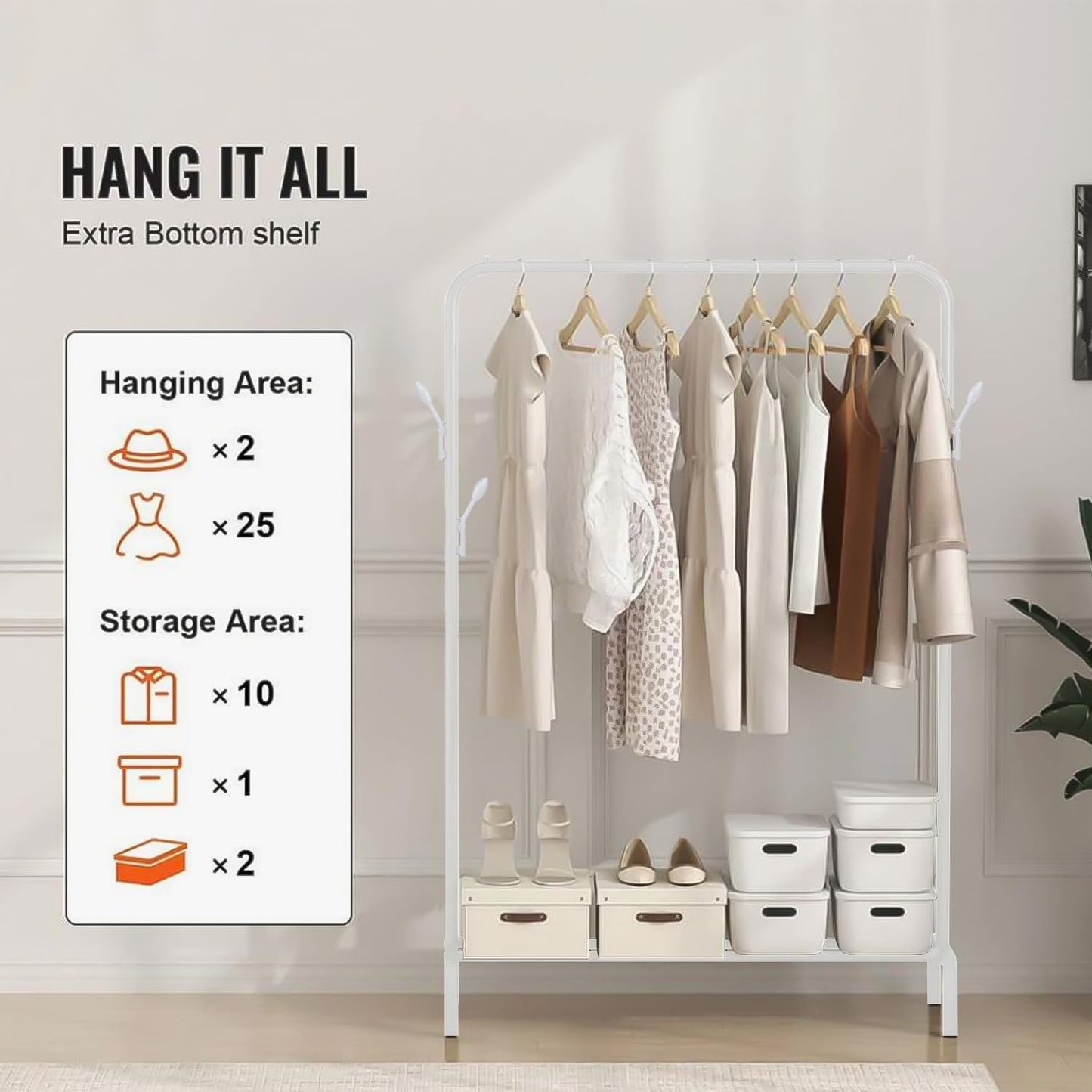 Lukzer Single Pole Coat Hanger Stand with Bottom Shelves–Heavy-Duty Metal Garment Rack, 4 Hooks for Clothes,Bags,Shoe–Freestanding Organizer for Bedroom, Entryway & more(White, 40x110x148cm/MGS-001)