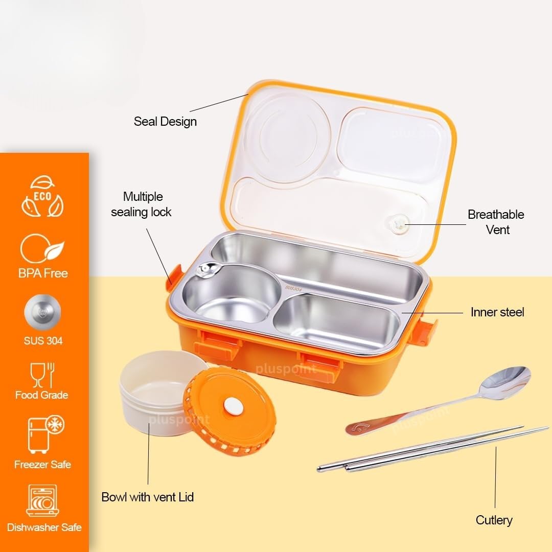 PLUSPOINT Bento Lunch Box Insulated Air Tight Portable Lunch Box with Utensils, Stainless Steel Lunch Box with Containers, Leak Proof Bento Box for Kids, Adults, Men Women (Pink)