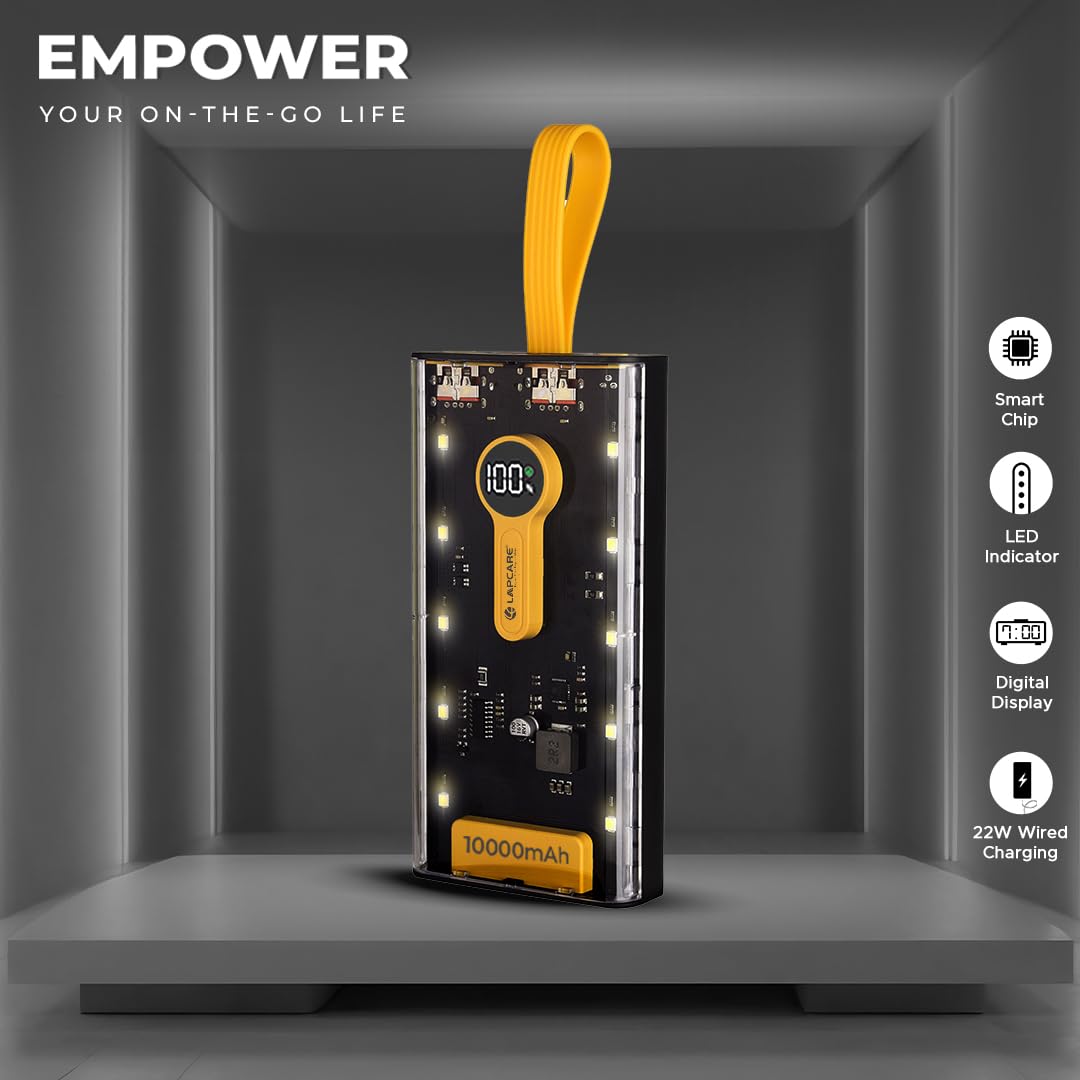 LAPCARE Bolt I 10000mAh Powerbank | 22W PD Fast Charging | Transparent Design | LED Indicator | Type C & Dual USB Ports | Dynamic Display |Smart Chip Protection | Low Power Consumption Made in India
