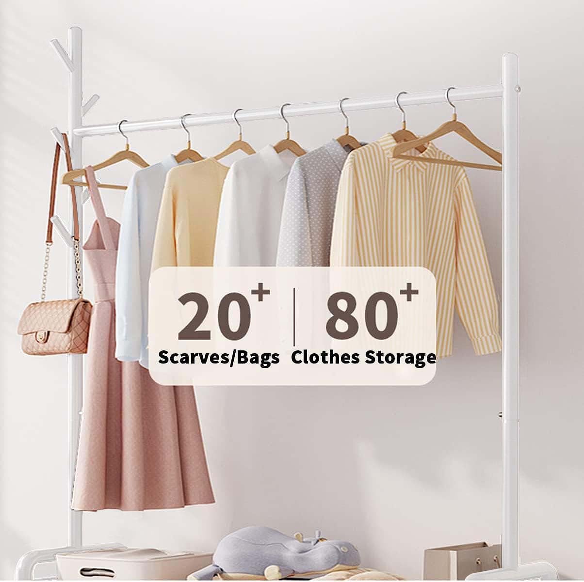 Lukzer MGR-002 2-Bottom Cloth Stand & Garment Rack – Metal Clothes Organizer with Wheels | Space-Saving Storage for Bedroom, Bathroom & Office | Single Rod & Mesh Design (173 x 90 x 34 cm, White)