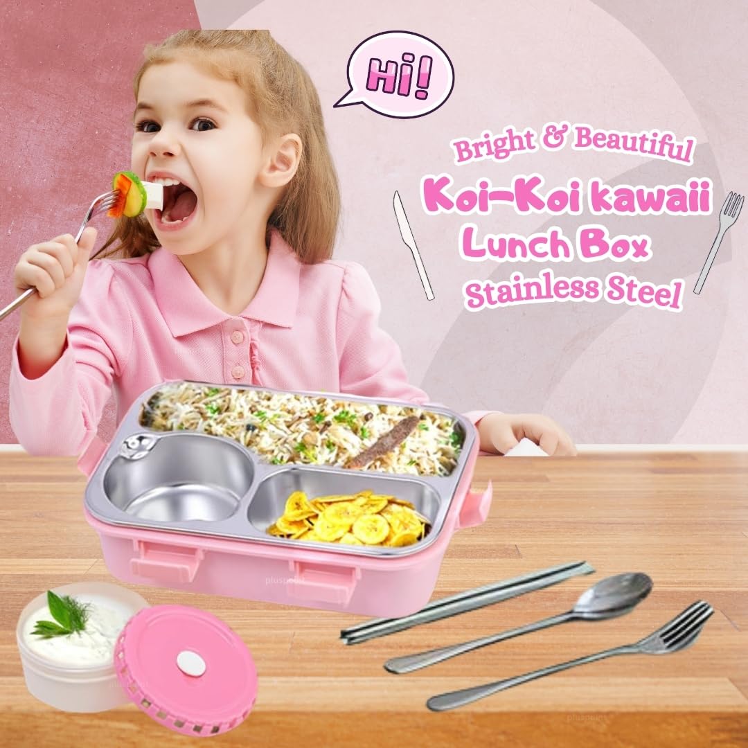 PLUSPOINT Bento Lunch Box Insulated Air Tight Portable Lunch Box with Utensils, Stainless Steel Lunch Box with Containers, Leak Proof Bento Box for Kids, Adults, Men Women (Pink)