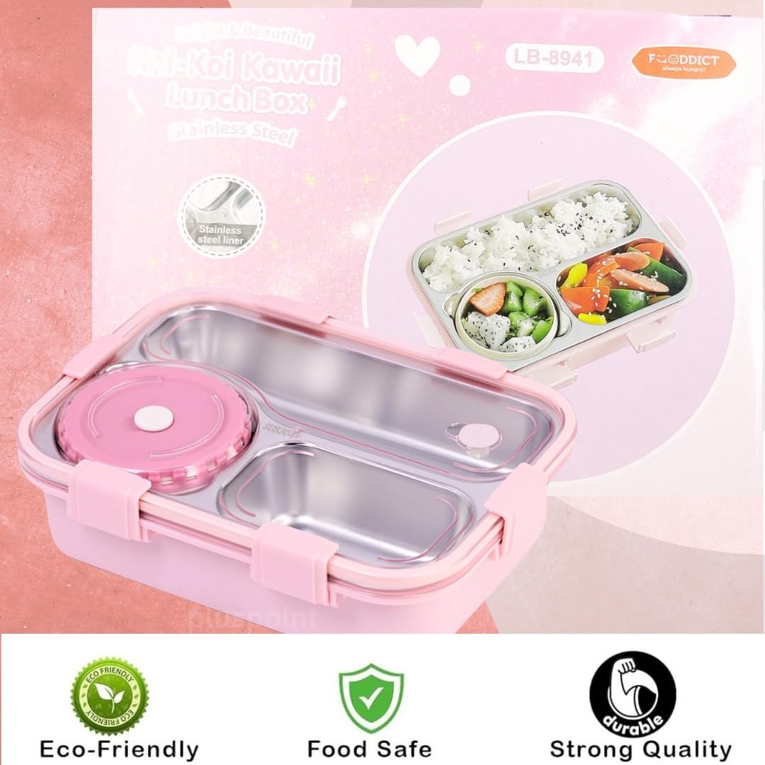 PLUSPOINT Bento Lunch Box Insulated Air Tight Portable Lunch Box with Utensils, Stainless Steel Lunch Box with Containers, Leak Proof Bento Box for Kids, Adults, Men Women (Pink)