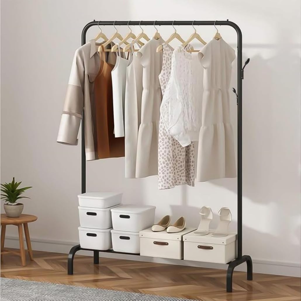 Lukzer Single Pole Coat Hanger Stand with Bottom Shelves–Heavy-Duty Metal Garment Rack, 4 Hooks for Clothes,Bags,Shoe–Freestanding Organizer for Bedroom, Entryway & more(White, 40x110x148cm/MGS-001)