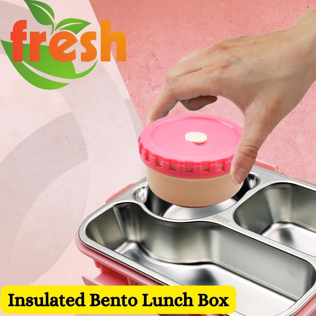 PLUSPOINT Bento Lunch Box Insulated Air Tight Portable Lunch Box with Utensils, Stainless Steel Lunch Box with Containers, Leak Proof Bento Box for Kids, Adults, Men Women (Pink)
