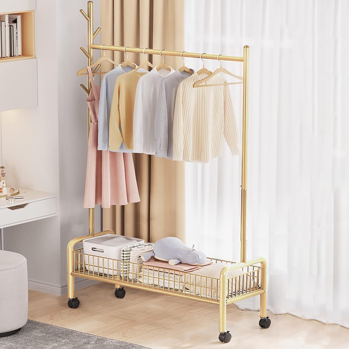 Lukzer MGR-002 2-Bottom Cloth Stand & Garment Rack – Metal Clothes Organizer with Wheels | Space-Saving Storage for Bedroom, Bathroom & Office | Single Rod & Mesh Design (173 x 90 x 34 cm, White)