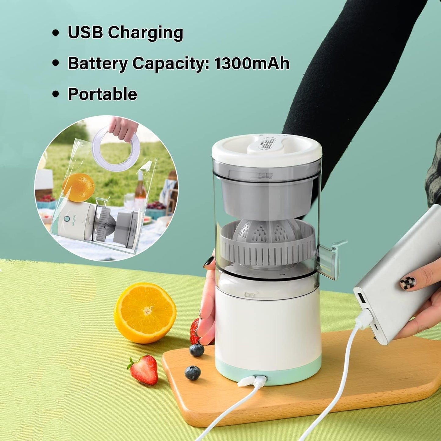 Electric Citrus Juicer โ Wireless Mini Portable Rechargeable Fruit Squeezer | Compact Electric Juicer for Orange, Lemon & Lime Juice | Portable for Travel & Home Use (Multicolour)