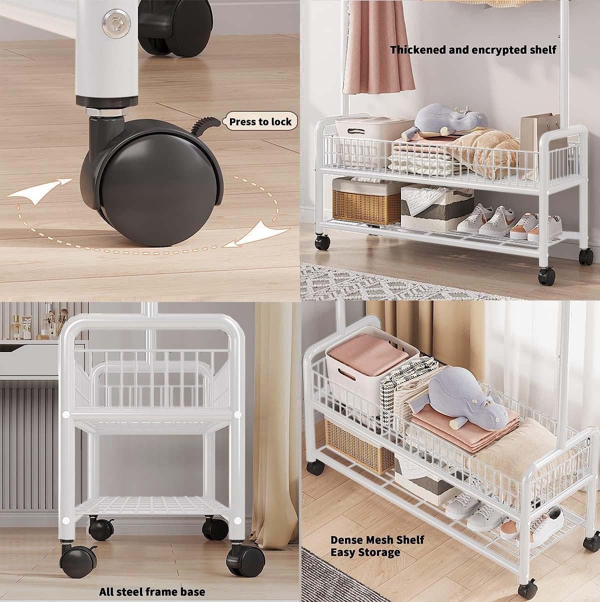 Lukzer MGR-002 2-Bottom Cloth Stand & Garment Rack – Metal Clothes Organizer with Wheels | Space-Saving Storage for Bedroom, Bathroom & Office | Single Rod & Mesh Design (173 x 90 x 34 cm, White)