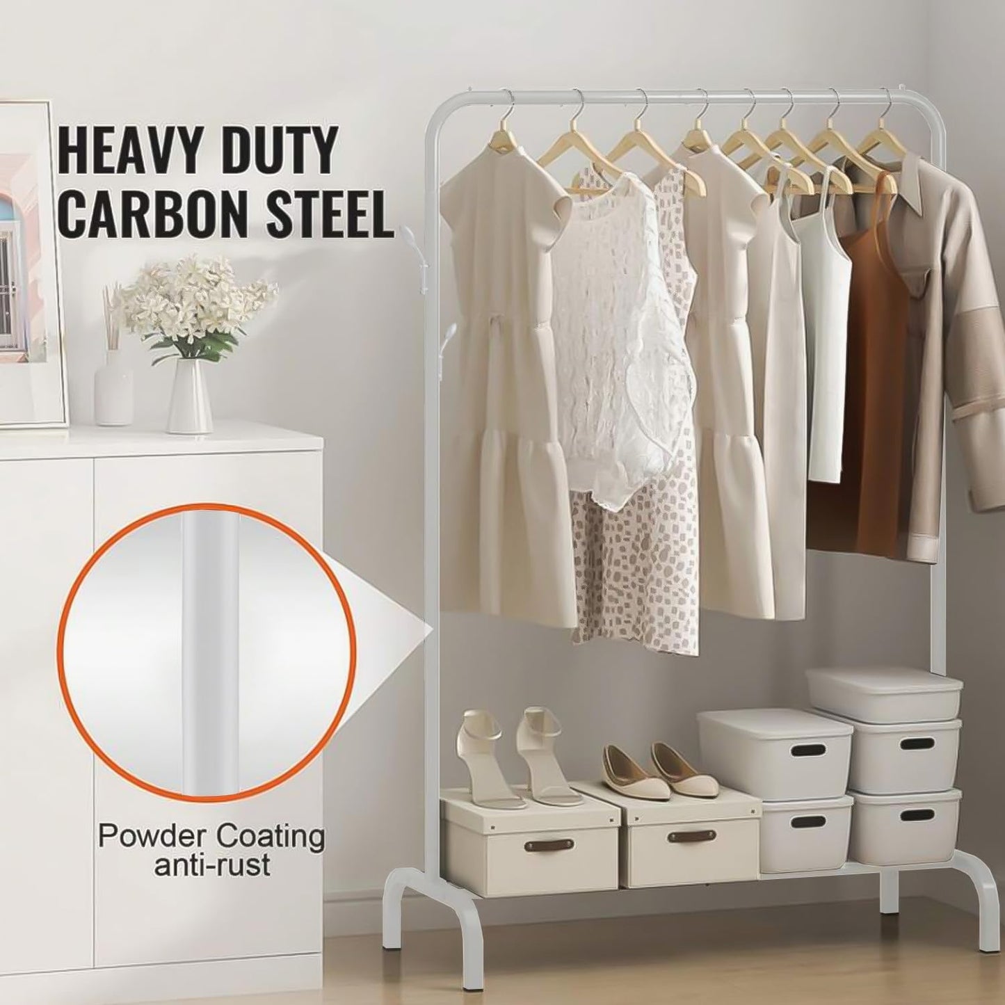 Lukzer Single Pole Coat Hanger Stand with Bottom Shelves–Heavy-Duty Metal Garment Rack, 4 Hooks for Clothes,Bags,Shoe–Freestanding Organizer for Bedroom, Entryway & more(White, 40x110x148cm/MGS-001)