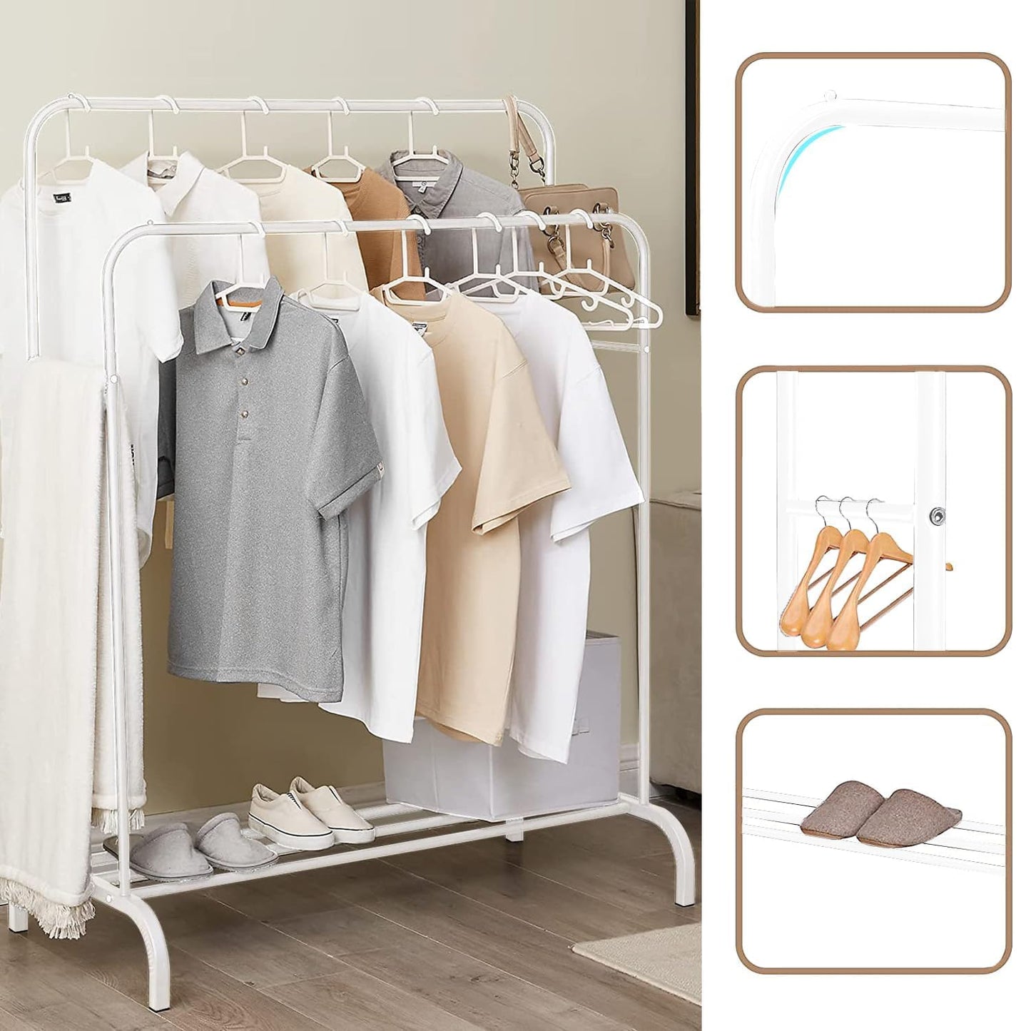 Lukzer Single Pole Coat Hanger Stand with Bottom Shelves–Heavy-Duty Metal Garment Rack, 4 Hooks for Clothes,Bags,Shoe–Freestanding Organizer for Bedroom, Entryway & more(White, 40x110x148cm/MGS-001)