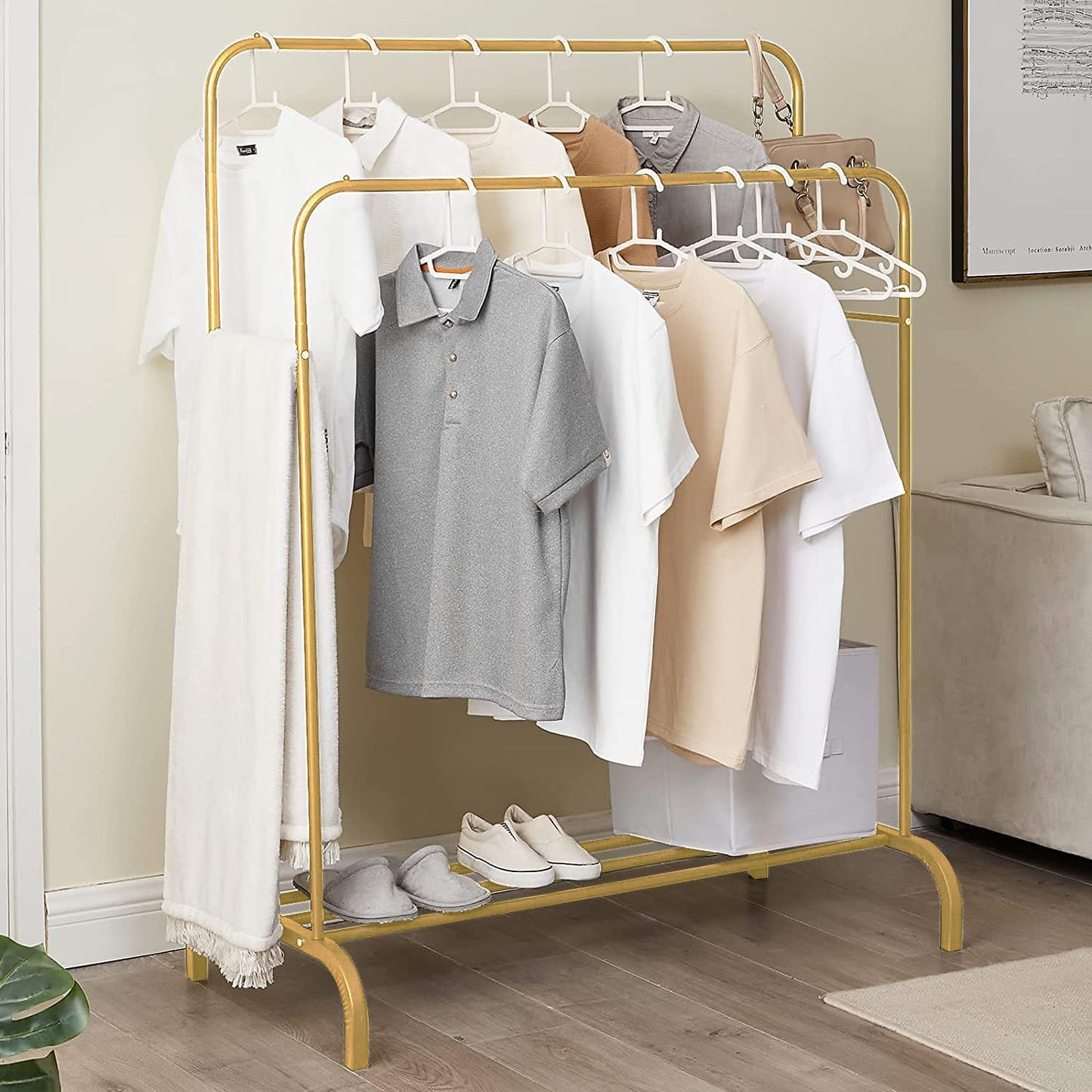 Lukzer Single Pole Coat Hanger Stand with Bottom Shelves–Heavy-Duty Metal Garment Rack, 4 Hooks for Clothes,Bags,Shoe–Freestanding Organizer for Bedroom, Entryway & more(White, 40x110x148cm/MGS-001)