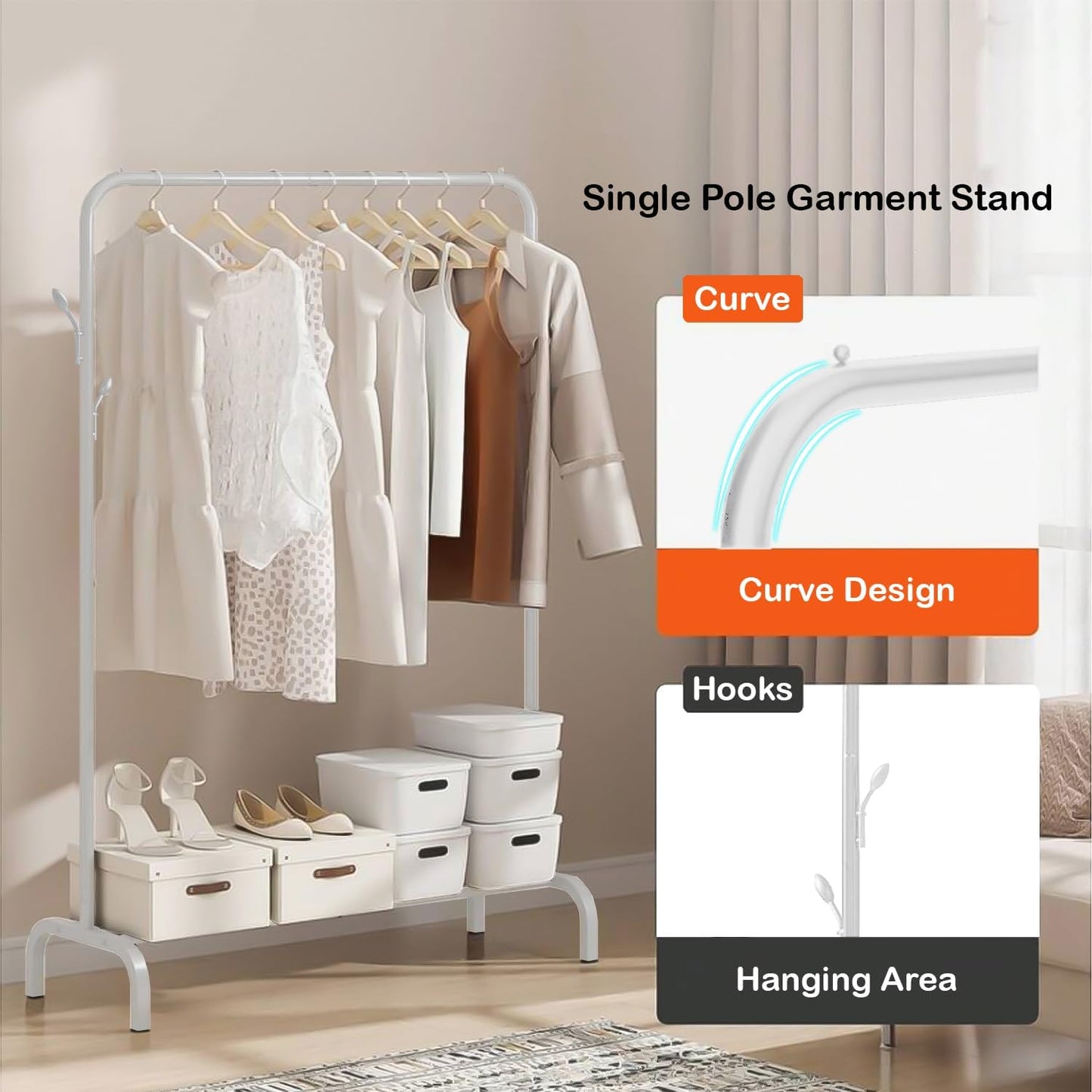 Lukzer Single Pole Coat Hanger Stand with Bottom Shelves–Heavy-Duty Metal Garment Rack, 4 Hooks for Clothes,Bags,Shoe–Freestanding Organizer for Bedroom, Entryway & more(White, 40x110x148cm/MGS-001)
