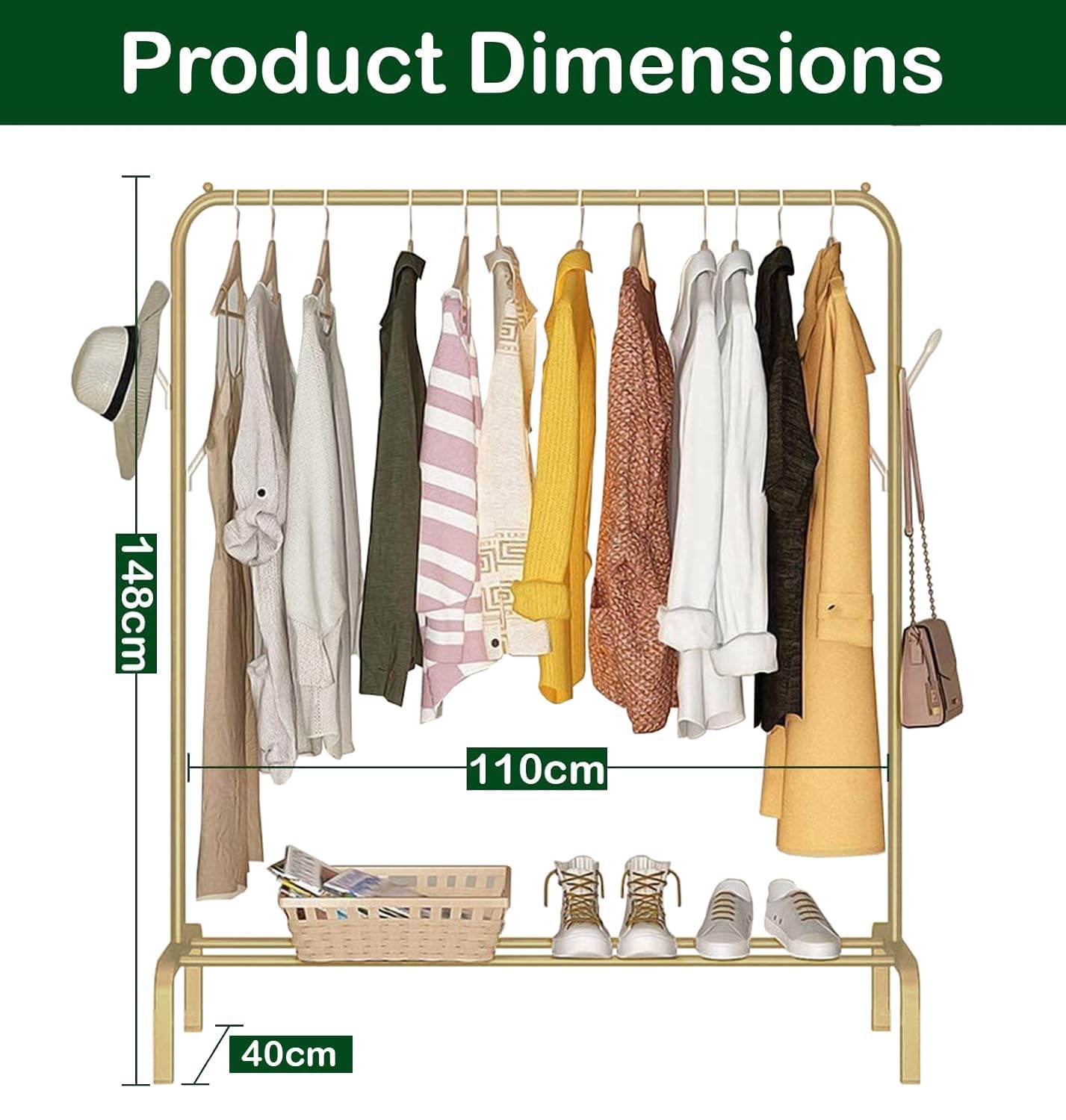 Lukzer Single Pole Coat Hanger Stand with Bottom Shelves–Heavy-Duty Metal Garment Rack, 4 Hooks for Clothes,Bags,Shoe–Freestanding Organizer for Bedroom, Entryway & more(White, 40x110x148cm/MGS-001)