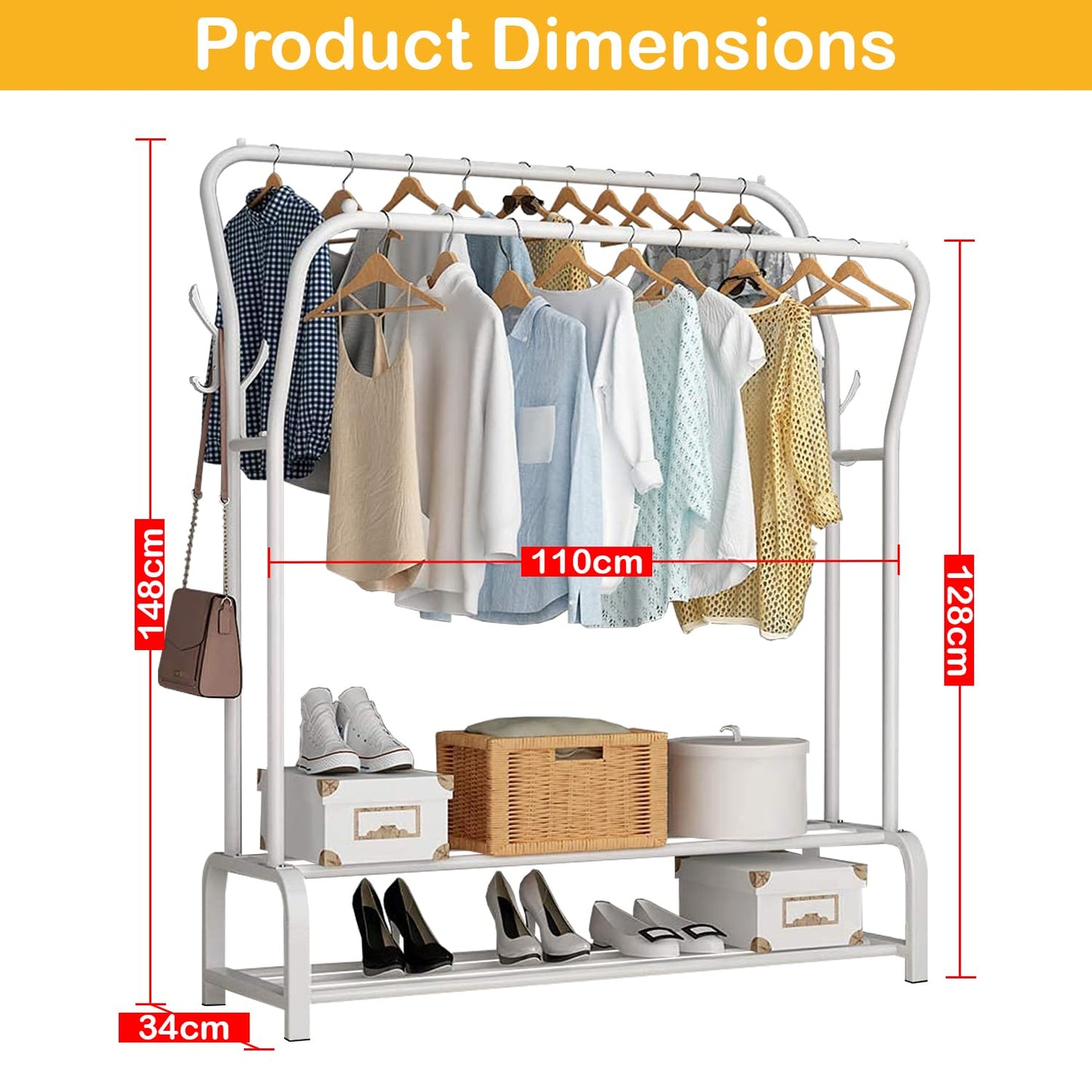 Lukzer Single Pole Coat Hanger Stand with Bottom Shelves–Heavy-Duty Metal Garment Rack, 4 Hooks for Clothes,Bags,Shoe–Freestanding Organizer for Bedroom, Entryway & more(White, 40x110x148cm/MGS-001)