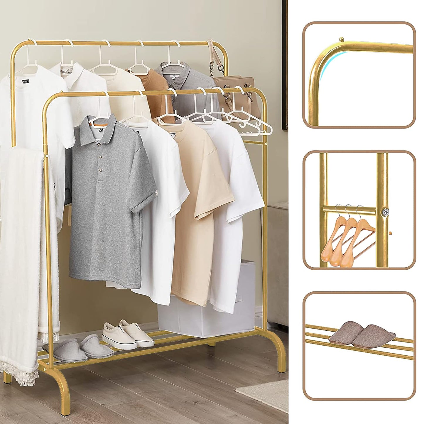 Lukzer Single Pole Coat Hanger Stand with Bottom Shelves–Heavy-Duty Metal Garment Rack, 4 Hooks for Clothes,Bags,Shoe–Freestanding Organizer for Bedroom, Entryway & more(White, 40x110x148cm/MGS-001)