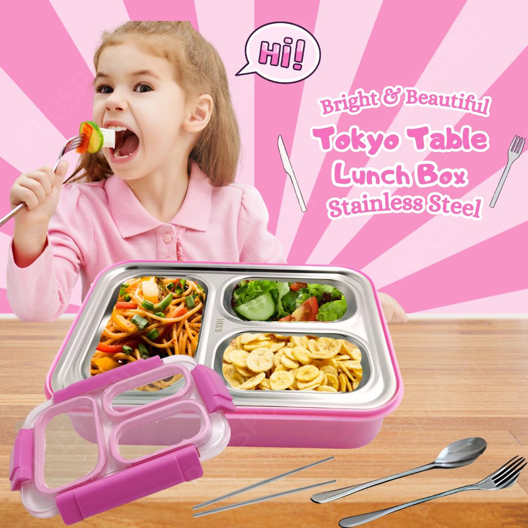 PLUSPOINT Bento Lunch Box Insulated Air Tight Portable Lunch Box with Utensils, Stainless Steel Lunch Box with Containers, Leak Proof Bento Box for Kids, Adults, Men Women (Pink)