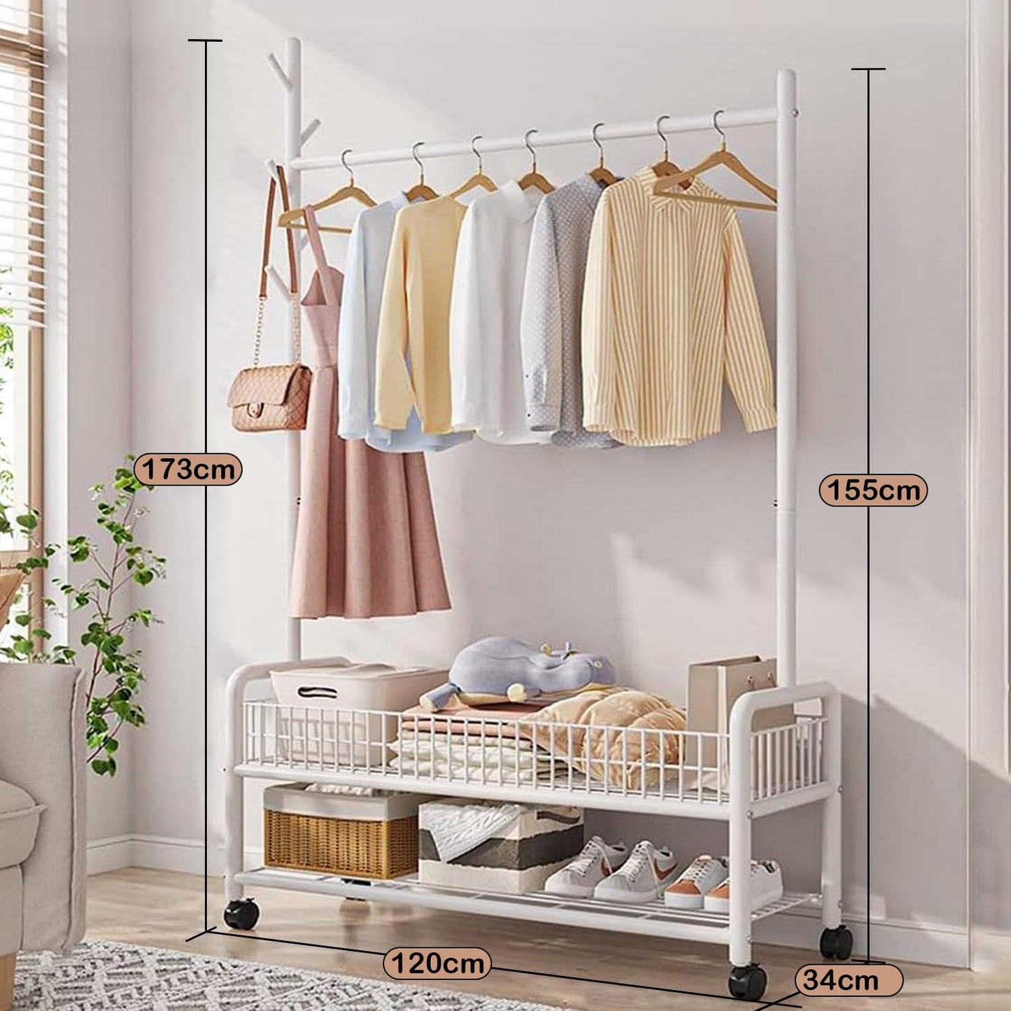 Lukzer MGR-002 2-Bottom Cloth Stand & Garment Rack – Metal Clothes Organizer with Wheels | Space-Saving Storage for Bedroom, Bathroom & Office | Single Rod & Mesh Design (173 x 90 x 34 cm, White)