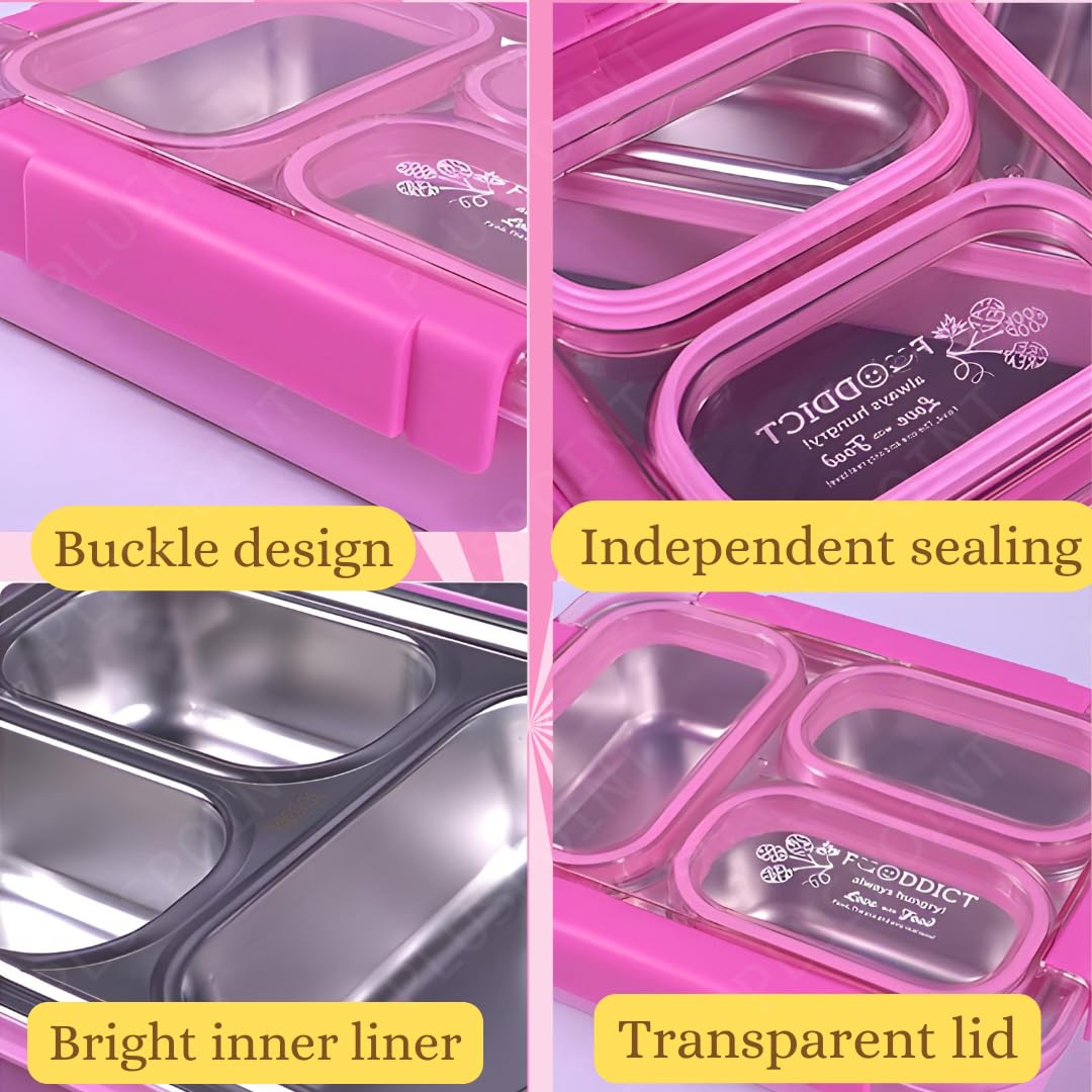 PLUSPOINT Bento Lunch Box Insulated Air Tight Portable Lunch Box with Utensils, Stainless Steel Lunch Box with Containers, Leak Proof Bento Box for Kids, Adults, Men Women (Pink)