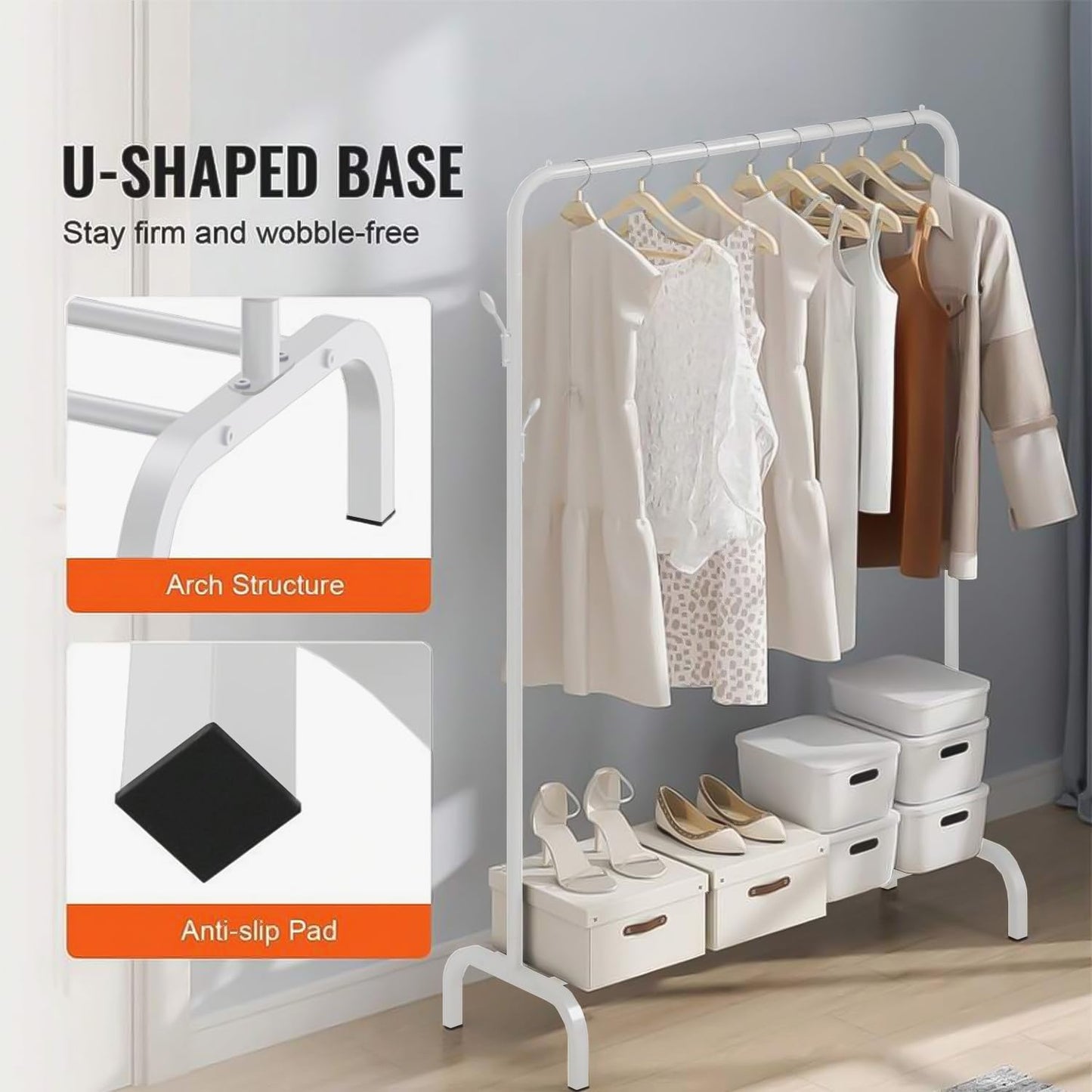 Lukzer Single Pole Coat Hanger Stand with Bottom Shelves–Heavy-Duty Metal Garment Rack, 4 Hooks for Clothes,Bags,Shoe–Freestanding Organizer for Bedroom, Entryway & more(White, 40x110x148cm/MGS-001)