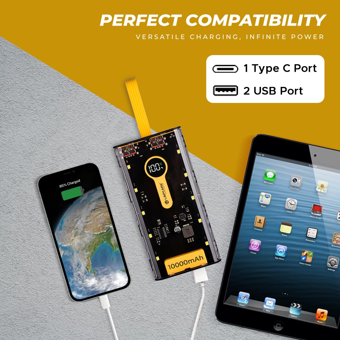 LAPCARE Bolt I 10000mAh Powerbank | 22W PD Fast Charging | Transparent Design | LED Indicator | Type C & Dual USB Ports | Dynamic Display |Smart Chip Protection | Low Power Consumption Made in India