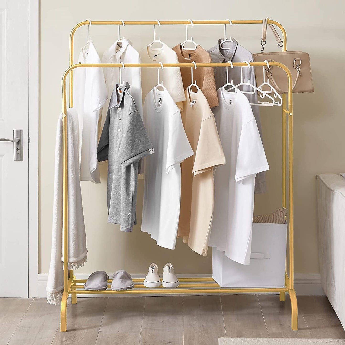 Lukzer Single Pole Coat Hanger Stand with Bottom Shelves–Heavy-Duty Metal Garment Rack, 4 Hooks for Clothes,Bags,Shoe–Freestanding Organizer for Bedroom, Entryway & more(White, 40x110x148cm/MGS-001)