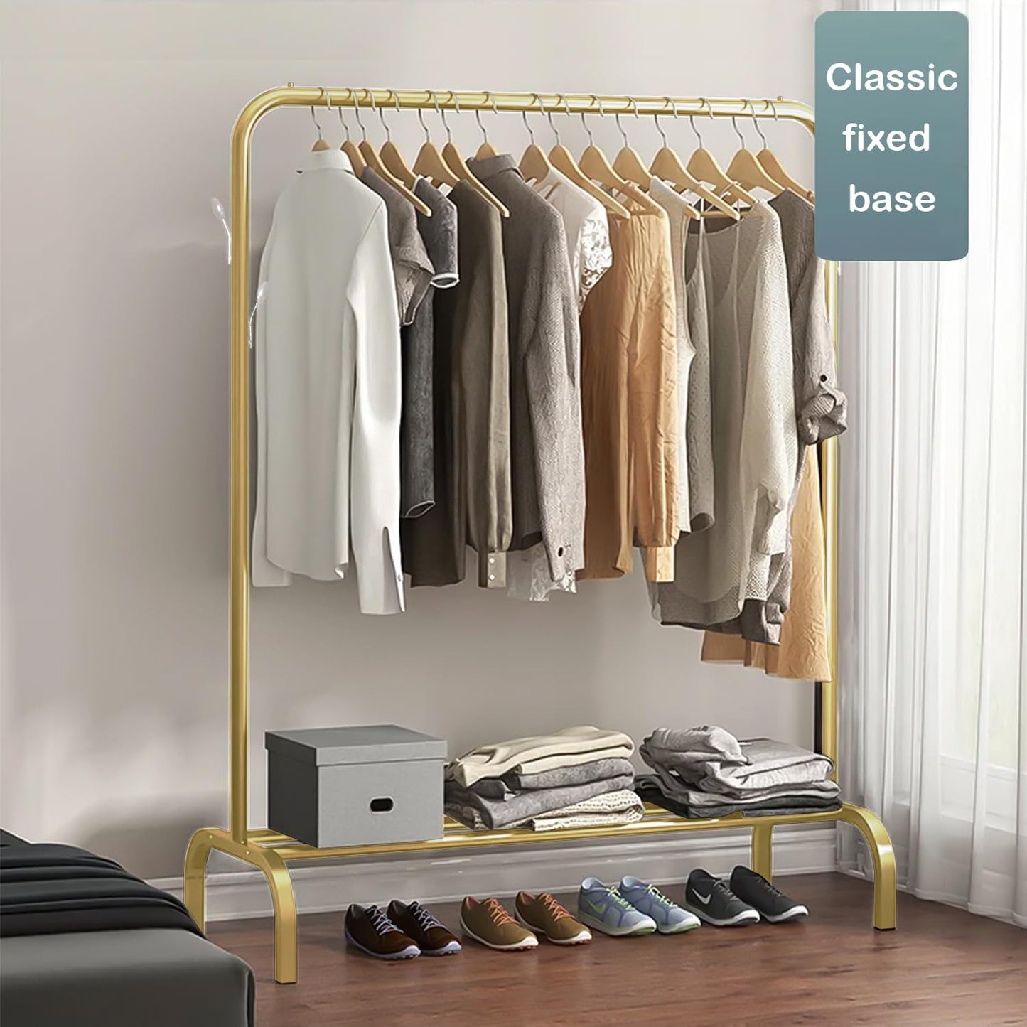 Lukzer Single Pole Coat Hanger Stand with Bottom Shelves–Heavy-Duty Metal Garment Rack, 4 Hooks for Clothes,Bags,Shoe–Freestanding Organizer for Bedroom, Entryway & more(White, 40x110x148cm/MGS-001)