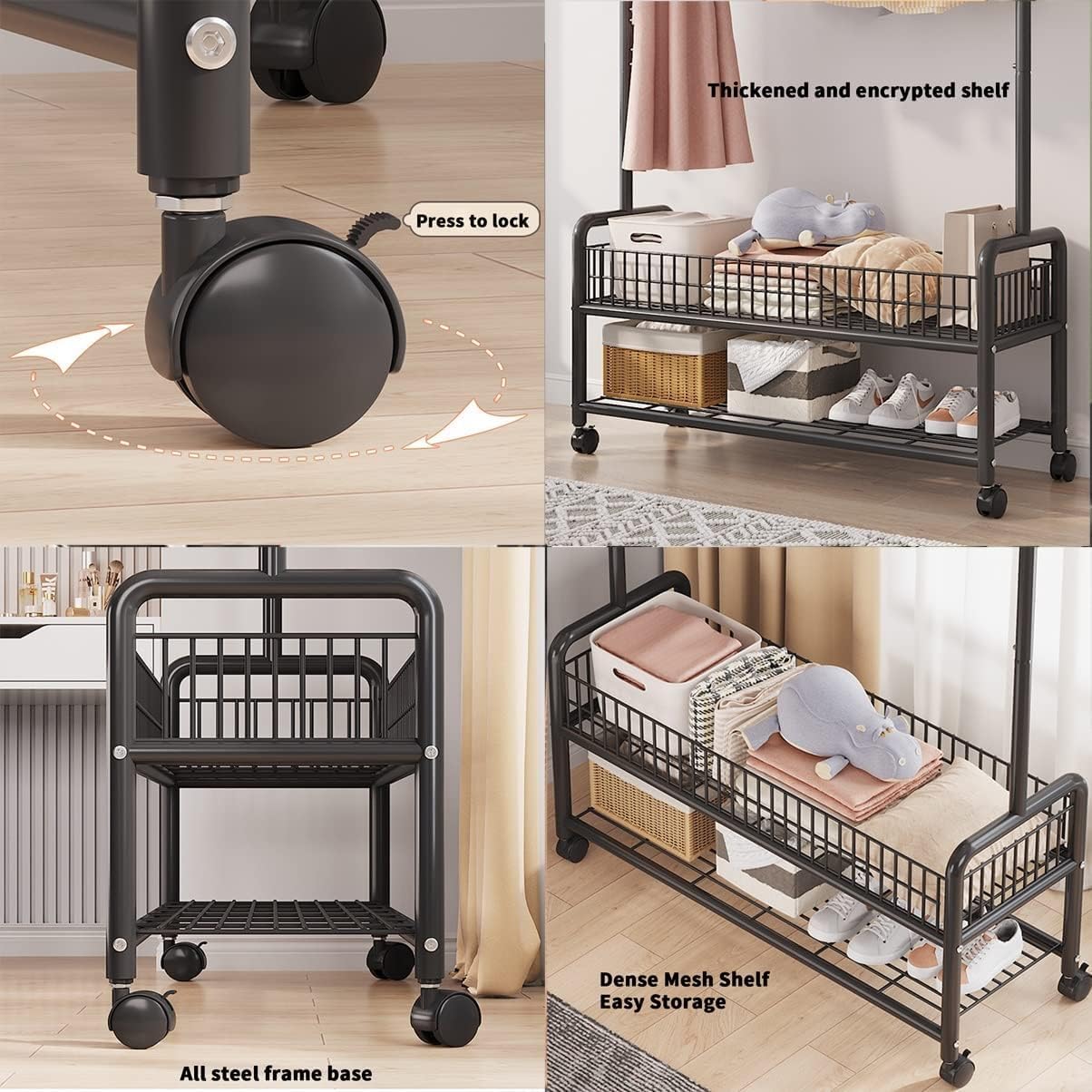 Lukzer MGR-002 2-Bottom Cloth Stand & Garment Rack – Metal Clothes Organizer with Wheels | Space-Saving Storage for Bedroom, Bathroom & Office | Single Rod & Mesh Design (173 x 90 x 34 cm, White)