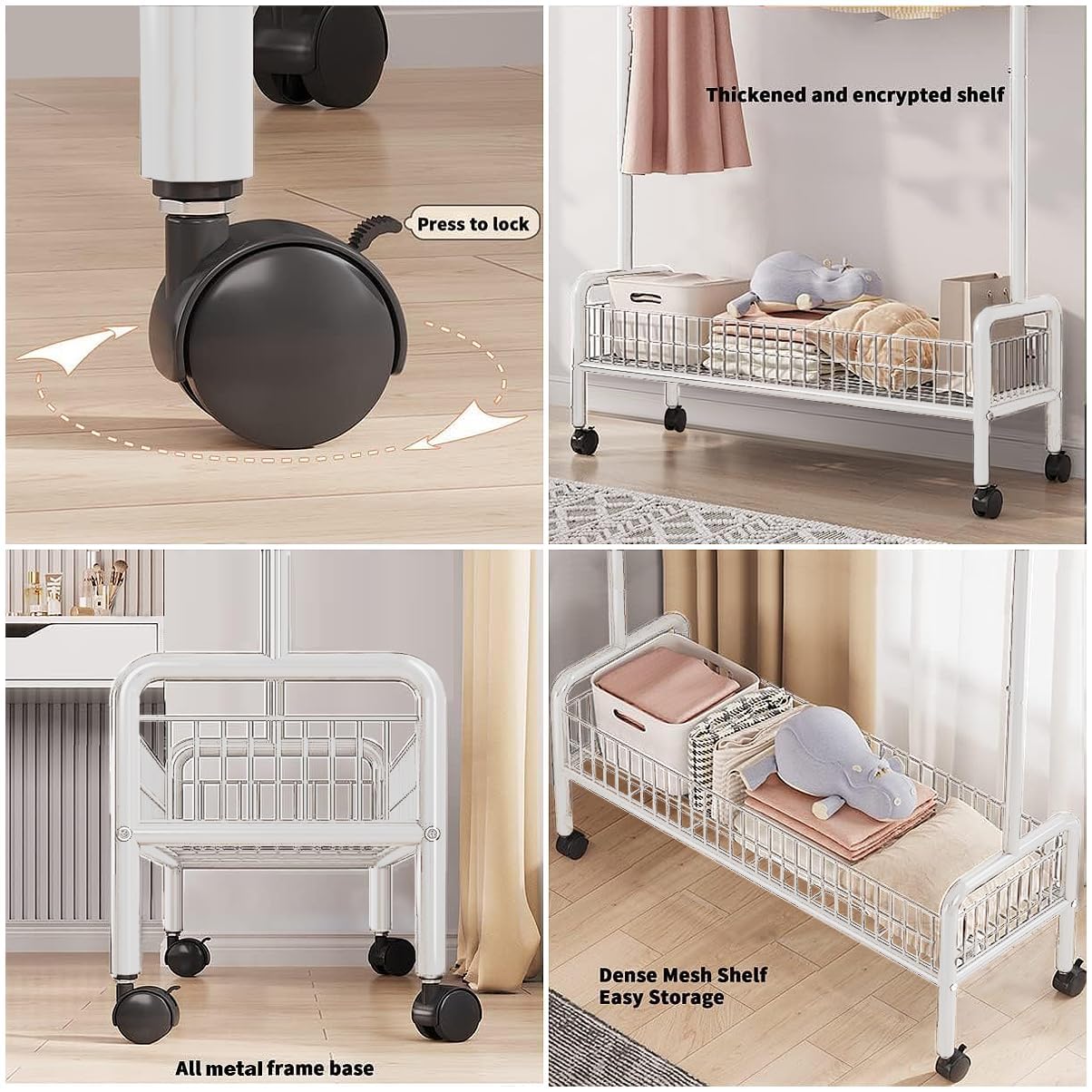 Lukzer MGR-002 2-Bottom Cloth Stand & Garment Rack – Metal Clothes Organizer with Wheels | Space-Saving Storage for Bedroom, Bathroom & Office | Single Rod & Mesh Design (173 x 90 x 34 cm, White)