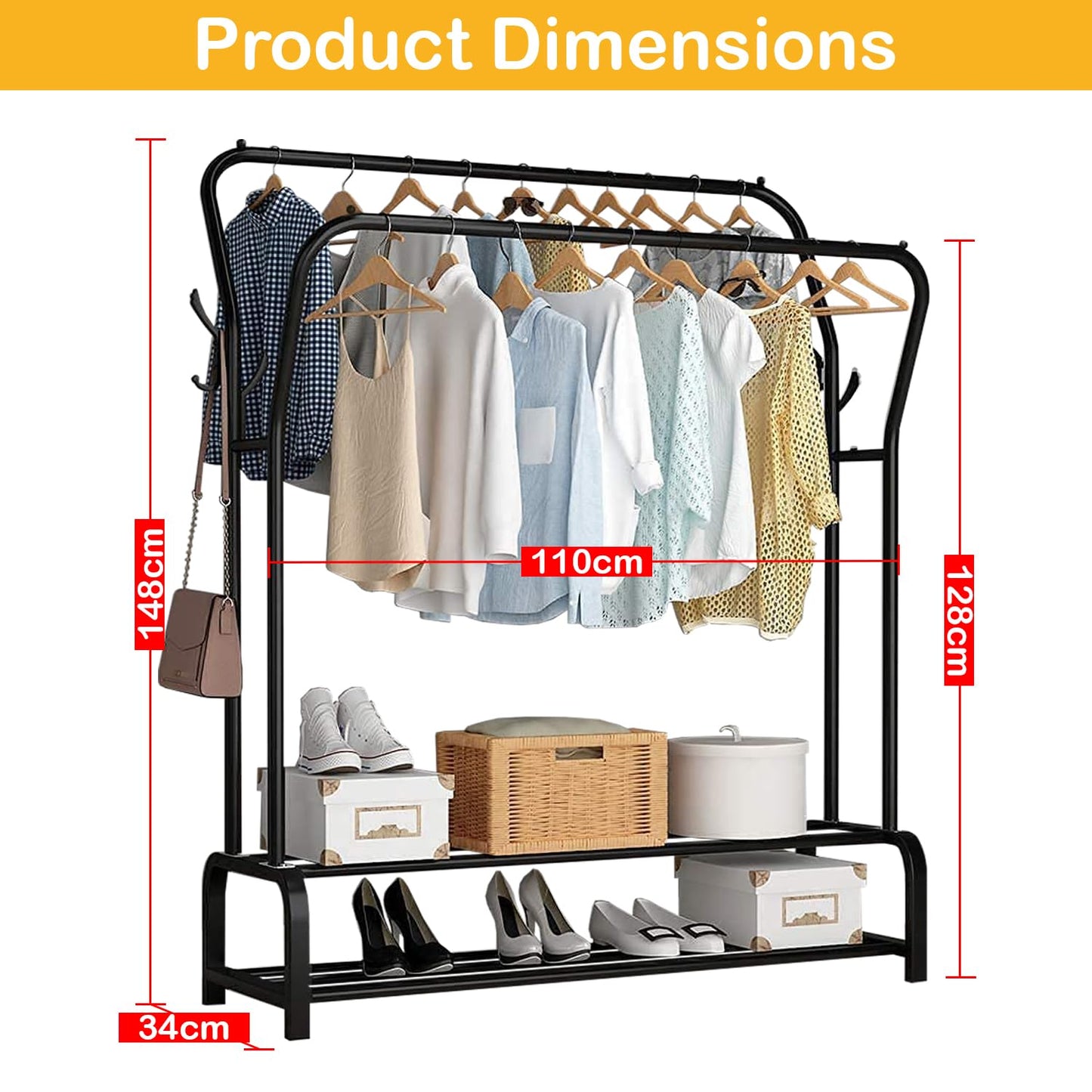 Lukzer Single Pole Coat Hanger Stand with Bottom Shelves–Heavy-Duty Metal Garment Rack, 4 Hooks for Clothes,Bags,Shoe–Freestanding Organizer for Bedroom, Entryway & more(White, 40x110x148cm/MGS-001)