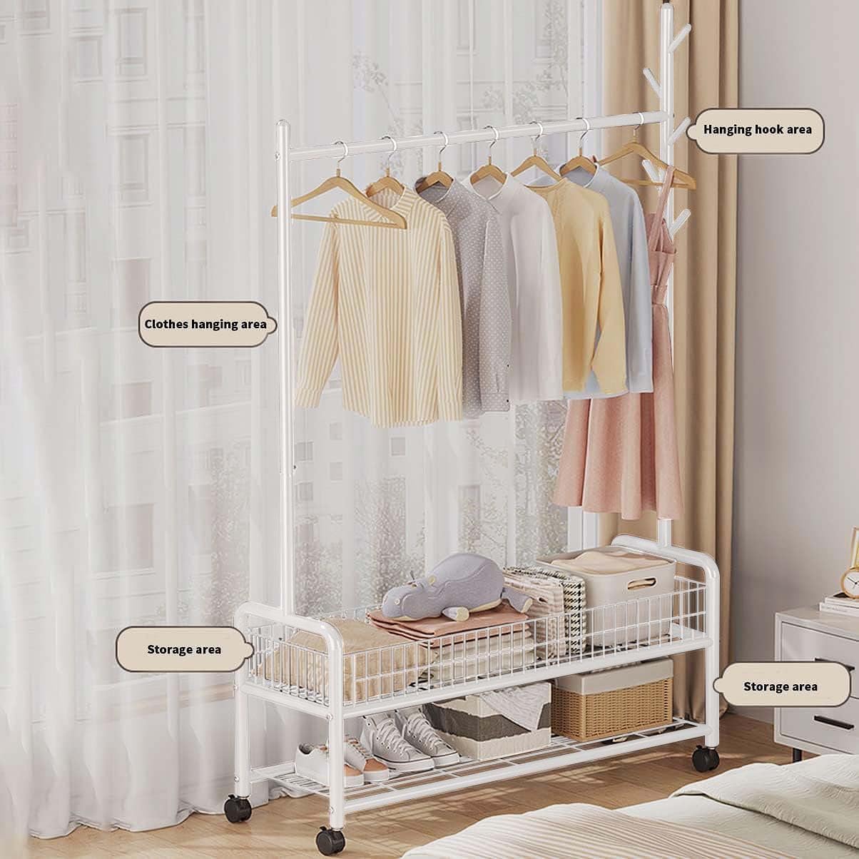 Lukzer MGR-002 2-Bottom Cloth Stand & Garment Rack – Metal Clothes Organizer with Wheels | Space-Saving Storage for Bedroom, Bathroom & Office | Single Rod & Mesh Design (173 x 90 x 34 cm, White)