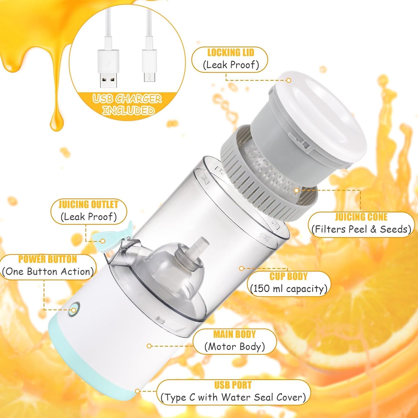 Electric Citrus Juicer โ Wireless Mini Portable Rechargeable Fruit Squeezer | Compact Electric Juicer for Orange, Lemon & Lime Juice | Portable for Travel & Home Use (Multicolour)