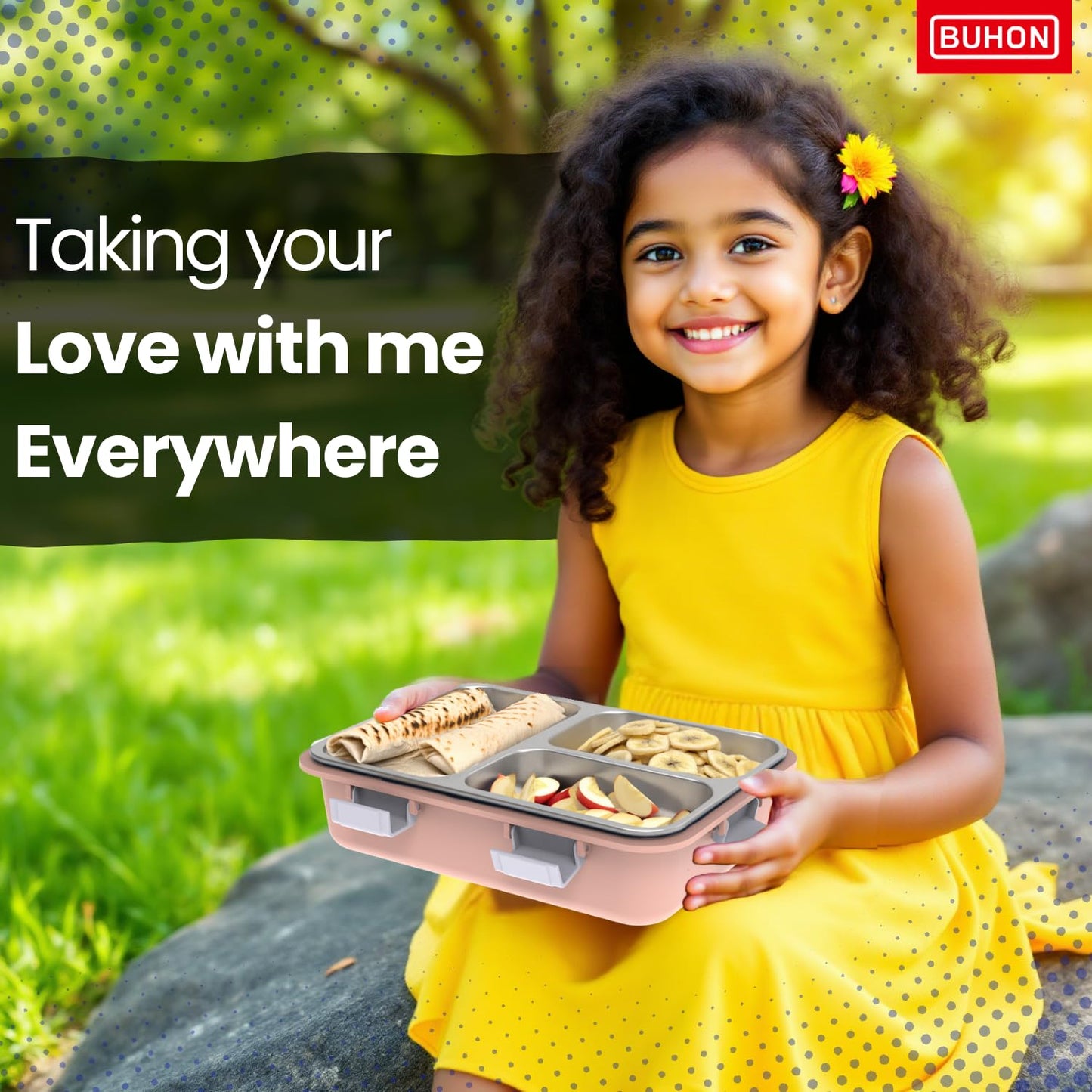 BUHON Lunch Box for Adults - Lunch Box for Kids - with Spoon,Fork & Chopsticks - Stainless Steel Lunch Box with 3 Compartment - Durable Perfect Size for On-The-Go Meal, BPA-Free 800 ml (Pink)