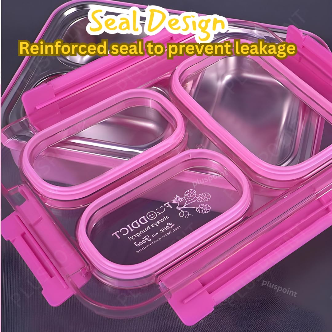 PLUSPOINT Bento Lunch Box Insulated Air Tight Portable Lunch Box with Utensils, Stainless Steel Lunch Box with Containers, Leak Proof Bento Box for Kids, Adults, Men Women (Pink)
