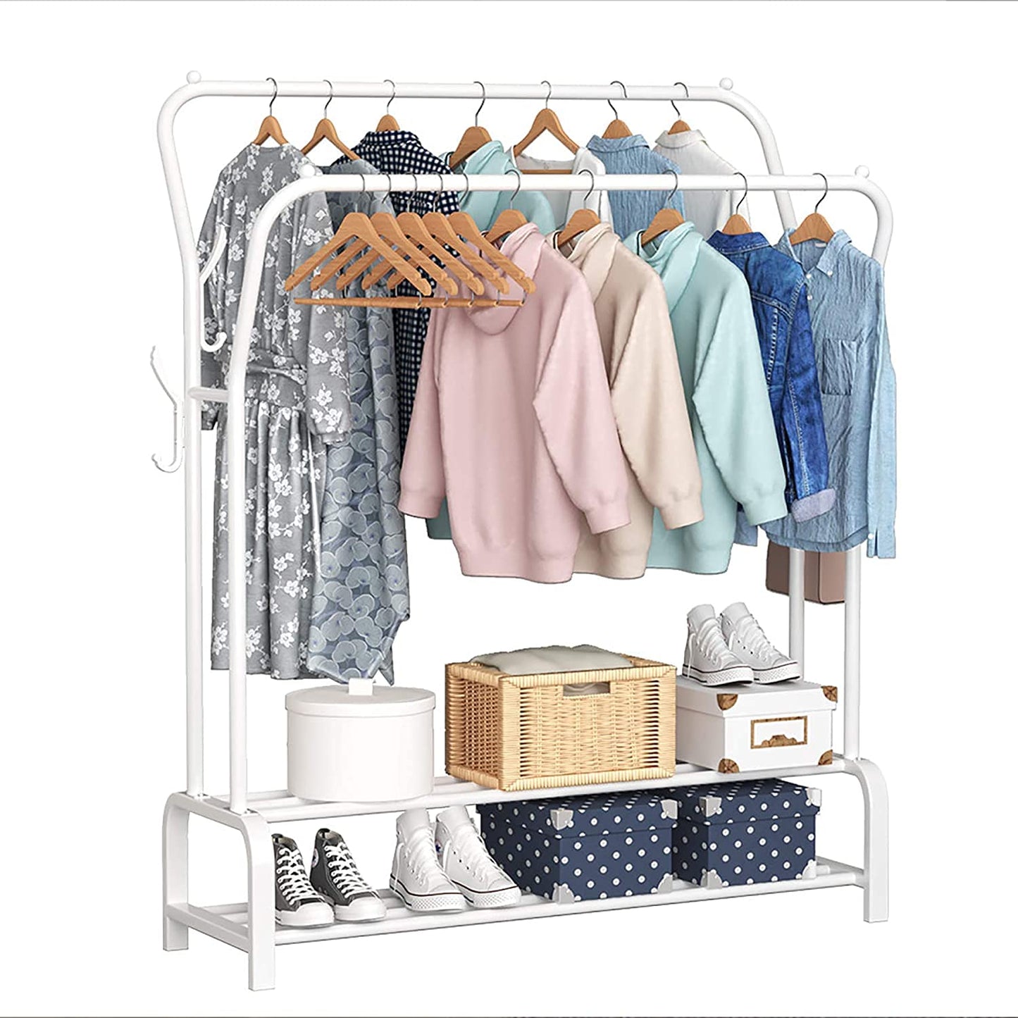 Lukzer Single Pole Coat Hanger Stand with Bottom Shelves–Heavy-Duty Metal Garment Rack, 4 Hooks for Clothes,Bags,Shoe–Freestanding Organizer for Bedroom, Entryway & more(White, 40x110x148cm/MGS-001)