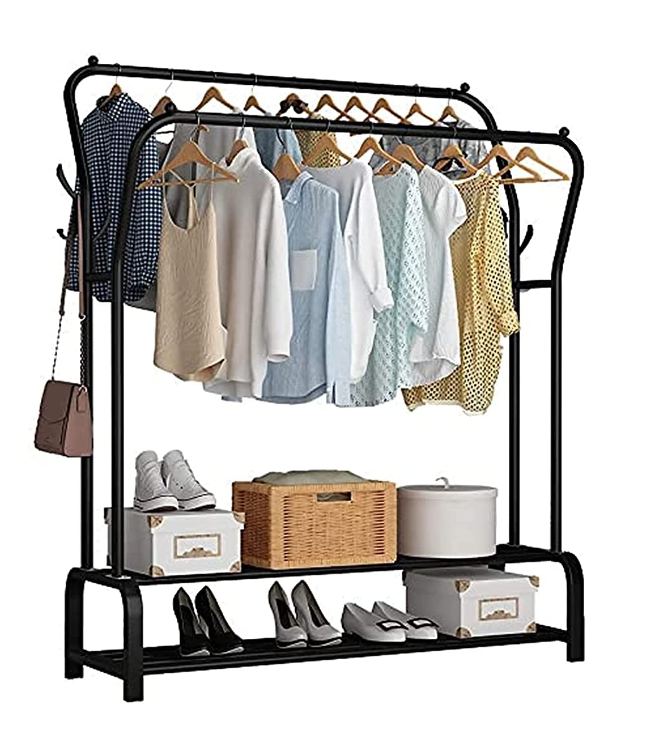 Lukzer Single Pole Coat Hanger Stand with Bottom Shelves–Heavy-Duty Metal Garment Rack, 4 Hooks for Clothes,Bags,Shoe–Freestanding Organizer for Bedroom, Entryway & more(White, 40x110x148cm/MGS-001)