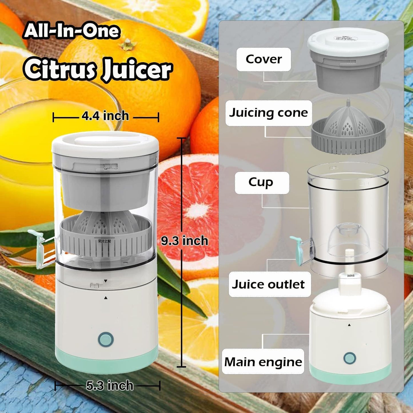 Electric Citrus Juicer โ Wireless Mini Portable Rechargeable Fruit Squeezer | Compact Electric Juicer for Orange, Lemon & Lime Juice | Portable for Travel & Home Use (Multicolour)