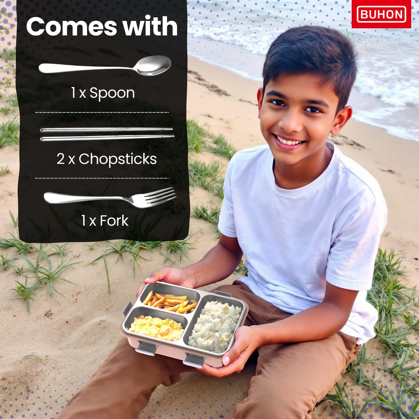 BUHON Lunch Box for Adults - Lunch Box for Kids - with Spoon,Fork & Chopsticks - Stainless Steel Lunch Box with 3 Compartment - Durable Perfect Size for On-The-Go Meal, BPA-Free 800 ml (Pink)