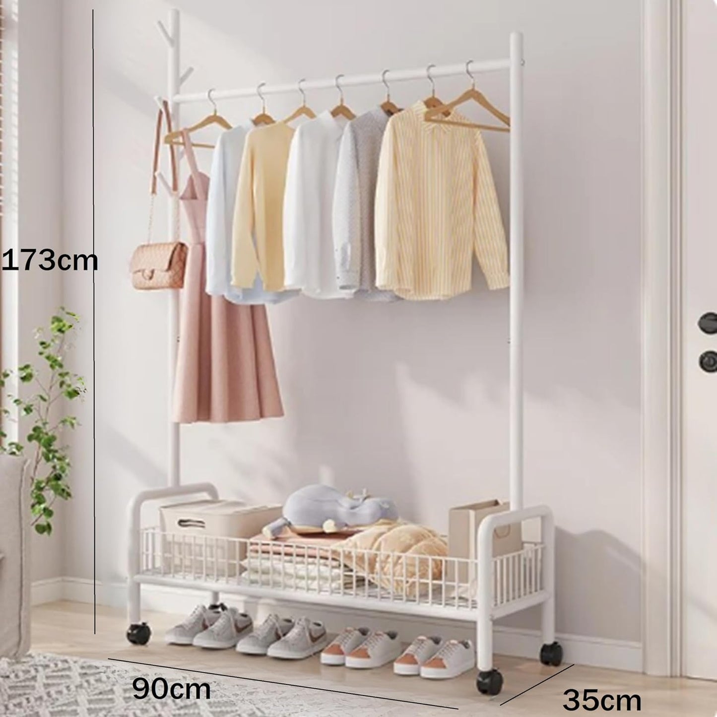 Lukzer MGR-002 2-Bottom Cloth Stand & Garment Rack – Metal Clothes Organizer with Wheels | Space-Saving Storage for Bedroom, Bathroom & Office | Single Rod & Mesh Design (173 x 90 x 34 cm, White)