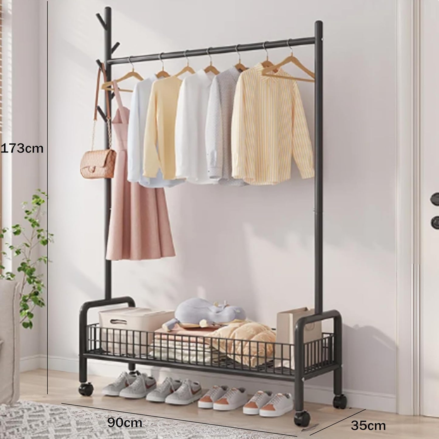 Lukzer MGR-002 2-Bottom Cloth Stand & Garment Rack – Metal Clothes Organizer with Wheels | Space-Saving Storage for Bedroom, Bathroom & Office | Single Rod & Mesh Design (173 x 90 x 34 cm, White)